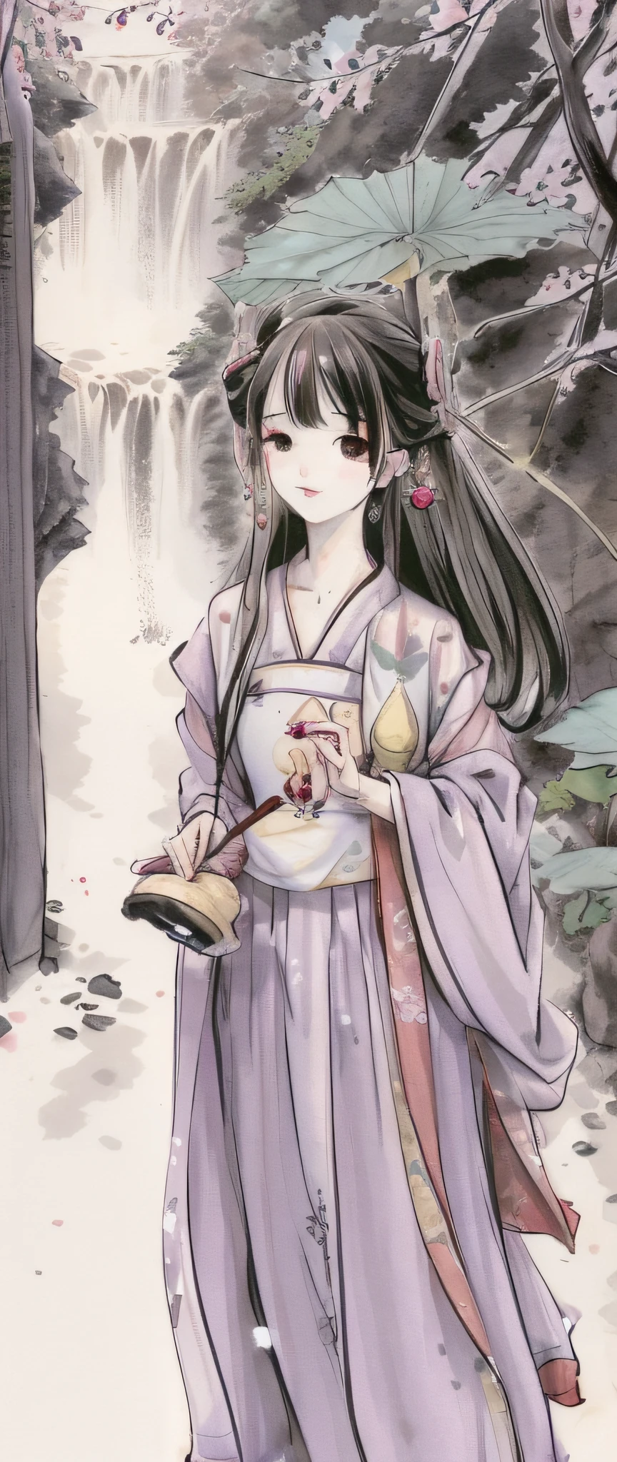 ((4k, masterpiece, best quality)), shuimobysim, traditional Chinese ink painting, lotus, hanfu, maxiskit, conservative dress 1girl, solo, long lilac hair, smile, standing, waterfall background, cherry trees.
