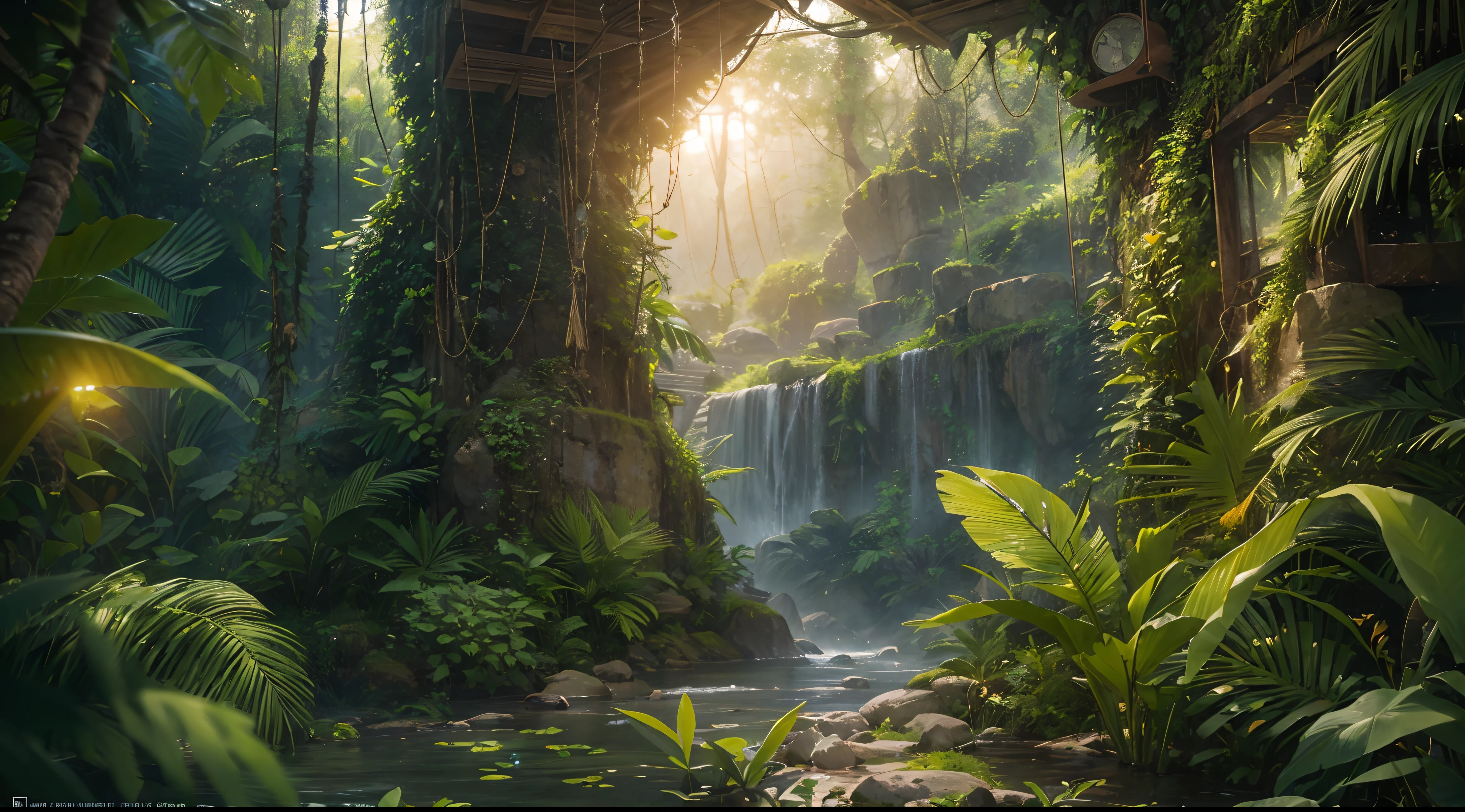 "(by Greg Rutkowski: 1.2), (ultra-detailed CG unity 8k wallpaper, masterpiece, best quality, depth of field, HDR, intricate), A lush and vibrant jungle with diverse plant life, towering trees, and exotic creatures. Immerse yourself in the rich colors and textures of this tropical paradise. Feel the warmth of the sun filtering through the dense foliage. Capture the sense of adventure and mystery that awaits amidst the wild sounds of chirping birds and rustling leaves. Let your imagination run wild in this captivating jungle setting."