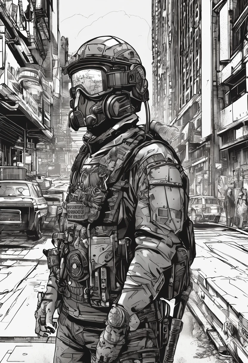 Create a cyber punk scenario with a character telling some story in an apocalyptic setting. Essa imagem deve ser um desenho, com o branco sendo a cor mais presente.