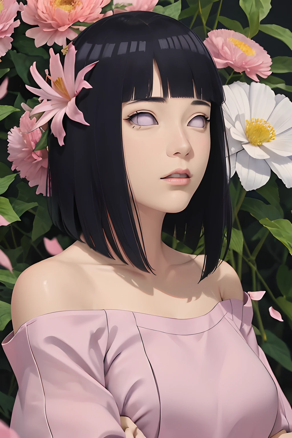masterpiece, absurdres, hinata\(boruto\), 1girl, solo,mature female, off-shoulder oversized shirt, While looking at the camera, (falling petals), perfect composition, detailed lips, big breast, beautiful face, body propotion, blush, (pink lips), long hair,  purple eyes,  soft gaze,  super realistic, detailed, photoshoot, realistic face and body, side view
