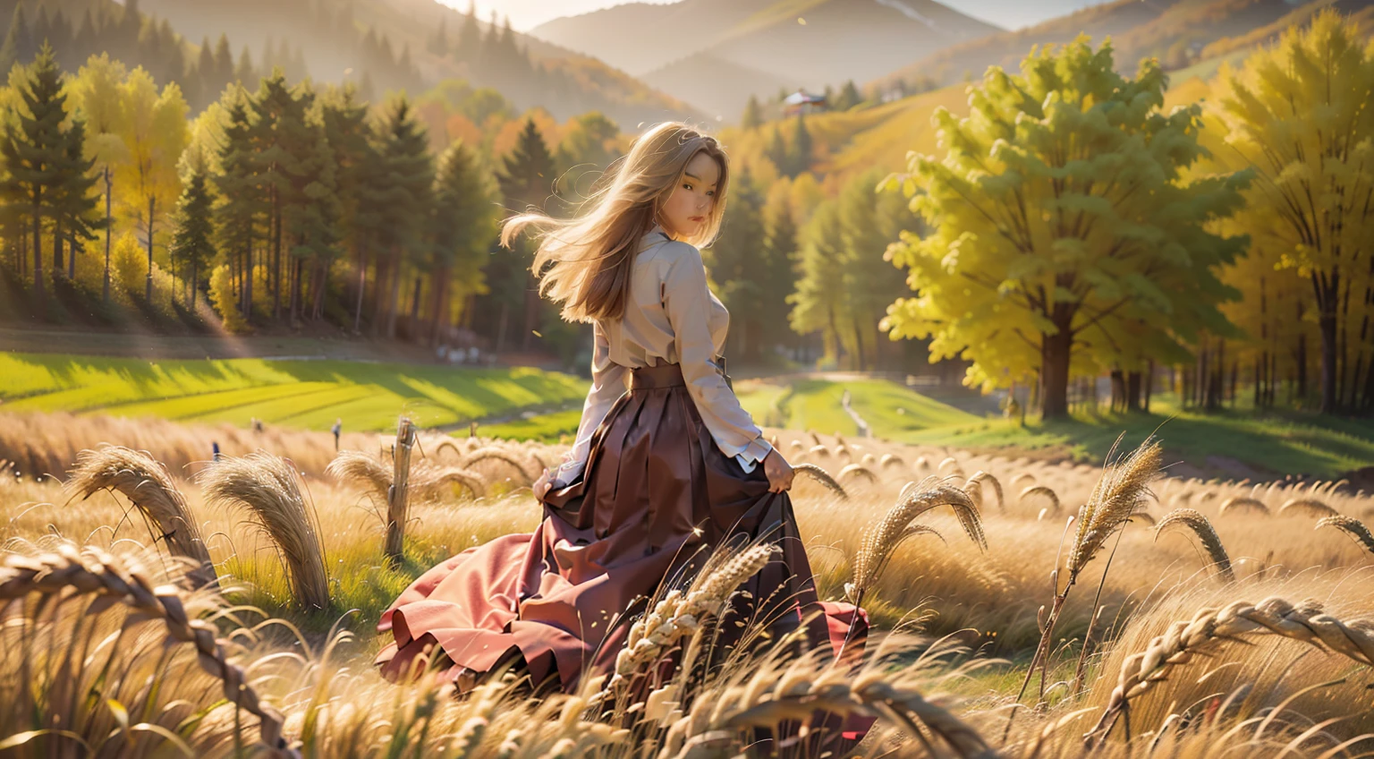 fall season，full bodyesbian, standing on your feet，long  skirt，Portrait of cute blonde girl, Stand on a golden wheat field (((looks away))), In the distance, The mountains are full of red maple，Yellow deciduous flowers, orange fog, Exercise, floated hair, Realism, High-quality rendering, stunning art, High quality, filmgrain, Fujifilm XT3, Dreamy,