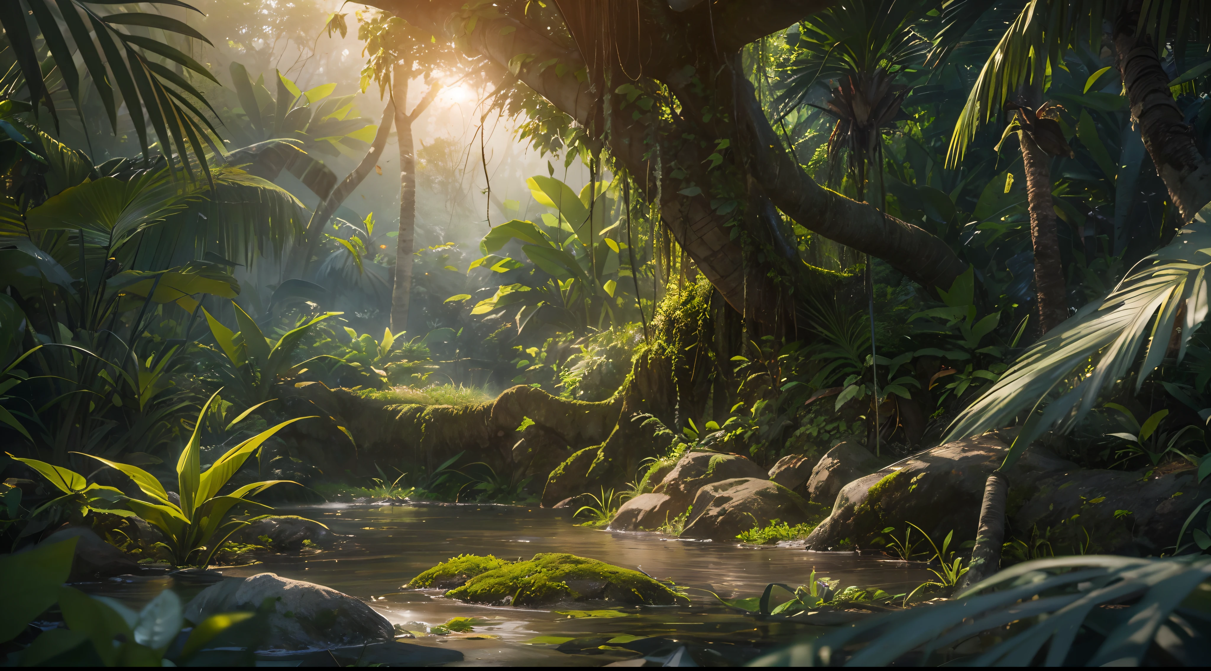"(by Greg Rutkowski: 1.2), (ultra-detailed CG unity 8k wallpaper, masterpiece, best quality, depth of field, HDR, intricate), A lush and vibrant jungle with diverse plant life, towering trees, and exotic creatures. Immerse yourself in the rich colors and textures of this tropical paradise. Feel the warmth of the sun filtering through the dense foliage. Capture the sense of adventure and mystery that awaits amidst the wild sounds of chirping birds and rustling leaves. Let your imagination run wild in this captivating jungle setting."