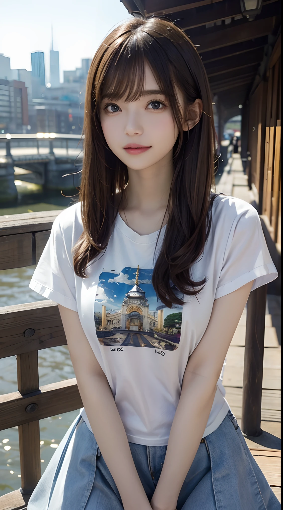 ​masterpiece、one beautiful women、A detailed face、A detailed eye、Detailed skin、top-quality、japanes、Illuminated from the front with bright lighting、profetional lighting、Facing straight ahead、The background is a little blurry、The background is the cityscape of London（on a bridge）、a smile、Brown hair、short-hair、Cold season、The weather is a little foggy、24 year old、Portrait wind、The costume is a punk T-shirt、