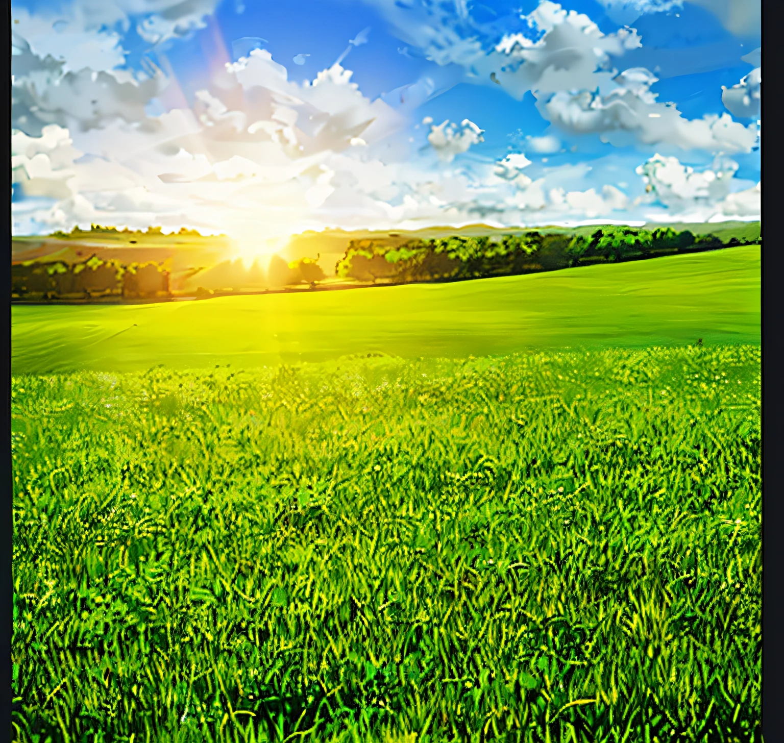 grassy fields，Sunlight shines through the clouds, lush field, bright sunny summer day, sunny landscape, um dia ensolarado, beautiful fine sky, in a large grassy green field, Green field, in field high resolution, Inspired by Phil Koch, perfect crisp sunlight, grassy fields, detailed fields nature, verdant green fields, Bright landscape, lush green meadow, Afternoon sun