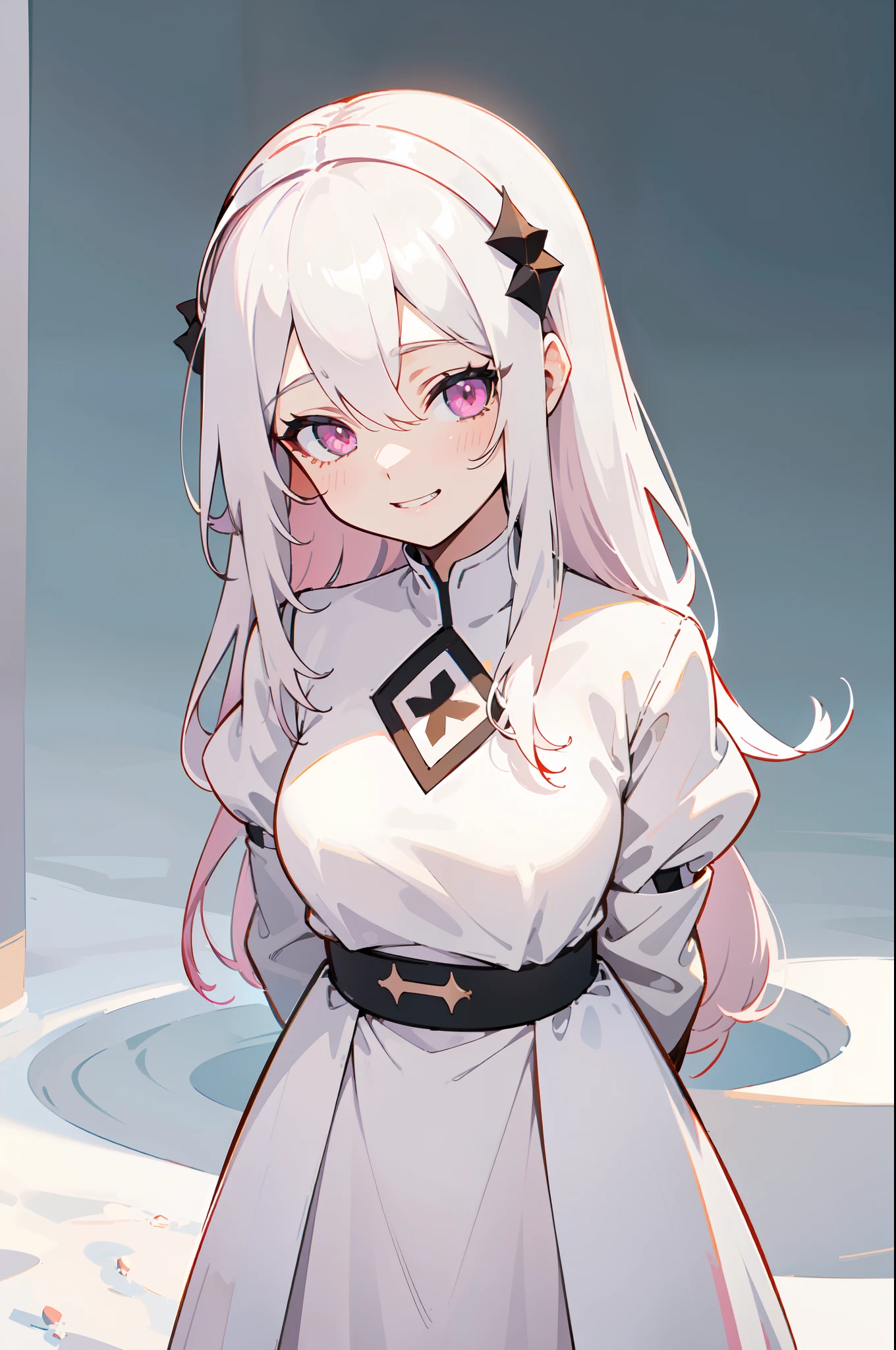 1girl, solo, (Appearance:, pure white hair:1.3, pink eyes, medium breasts, young girl, long hair, hair between eyes, wearing black nun clothes, nun), (Actions:, standing, looking at viewer, smiling, arms behind back, grin:1.2), (Scenery:, winter, royal palace, sharp focus, pacific, tranquil, close-up, portrait, beautiful face), sense of divinity and calmness, ((masterpiece, best quality, illustration))