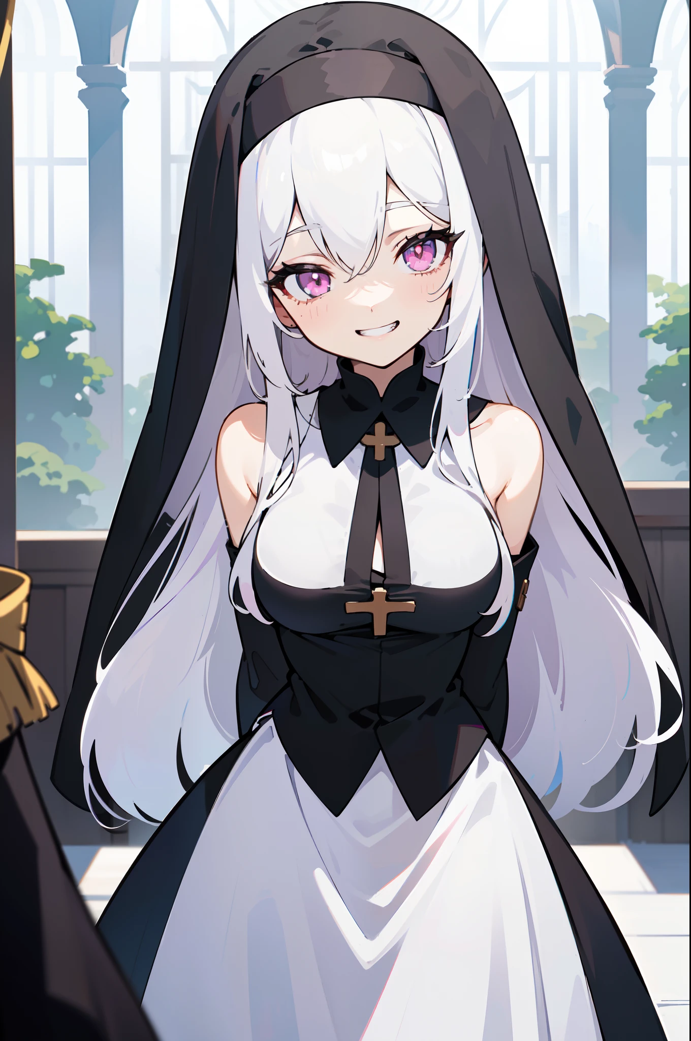 1girl, solo, (Appearance:, pure white hair:1.3, pink eyes, medium breasts, young girl, long hair, hair between eyes, wearing black nun clothes, nun), (Actions:, standing, looking at viewer, smiling, arms behind back, grin:1.2), (Scenery:, winter, royal palace, sharp focus, pacific, tranquil, close-up, portrait, beautiful face), sense of divinity and calmness, ((masterpiece, best quality, illustration))