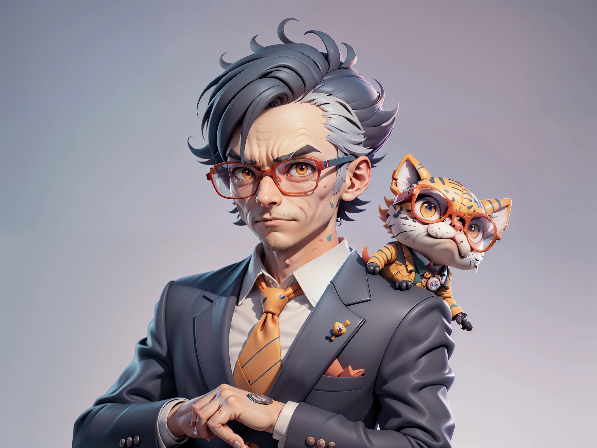 A young man in a suit, Short hair and glasses sat at his desk，holding laptop，digitial painting，tigre，3D character design by Mark Clairen and Pixar and Hayao Miyazaki and Akira Toriyama，4K HD illustration，Very detailed facial features and cartoon-style visuals。