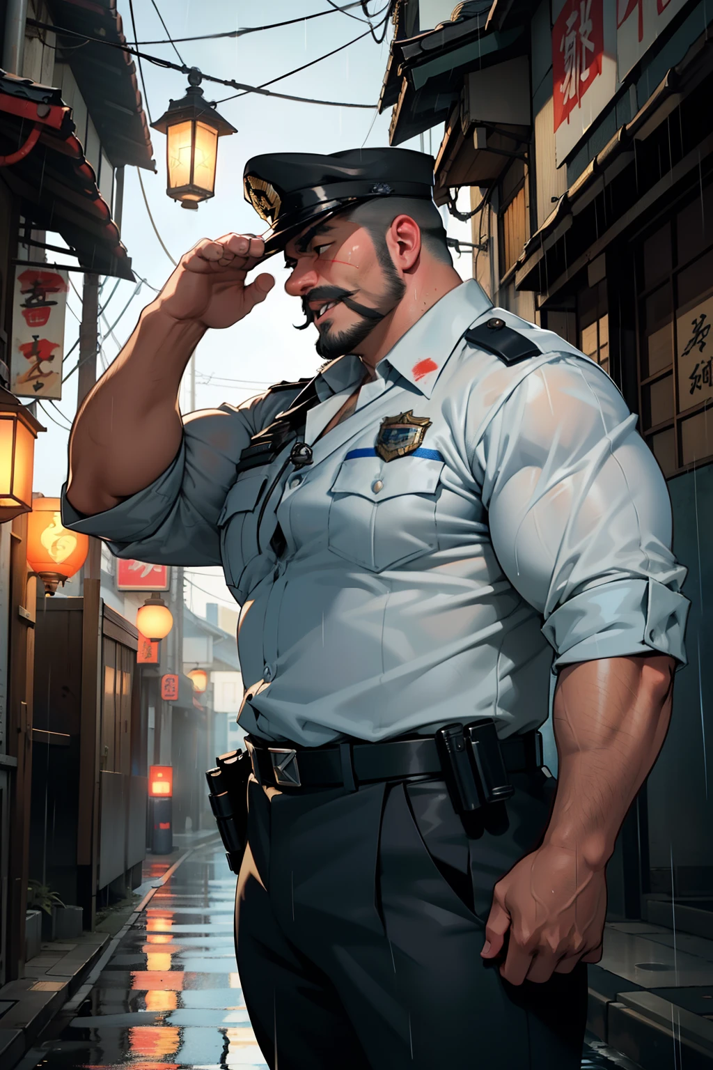 japanes,police officers,Dark back alley,The fat man salutes,Metabo,Low muscle mass,mustache,Body hair is thick,Strong face,Dressed in a police officer's uniform Japan,Wearing a police officer's hat,Screaming expression,Sirens are blaring,Warning lamp is on,rain is falling,clothes wet,Water dripping from the hat