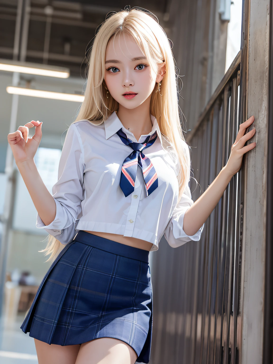 Gray eyes, Korean school uniform, summer school uniform shirt, ribbon tie, skirt, bright blonde, school stairs, going down school stairs, chest thrusting pose, chest bragging pose, 8k raw photo, high resolution, cool Korean at , very big round breasts, beautiful eyes in detail, long eyelashes, beautiful double eyelids, eyeshadow, eyeliner, slender eyes, elongated eye shape, Sanpaku eyes, evil smile, evil look, beautiful very thin legs, beautiful very thin thighs, random medium hair, hair tied behind the head, earrings,