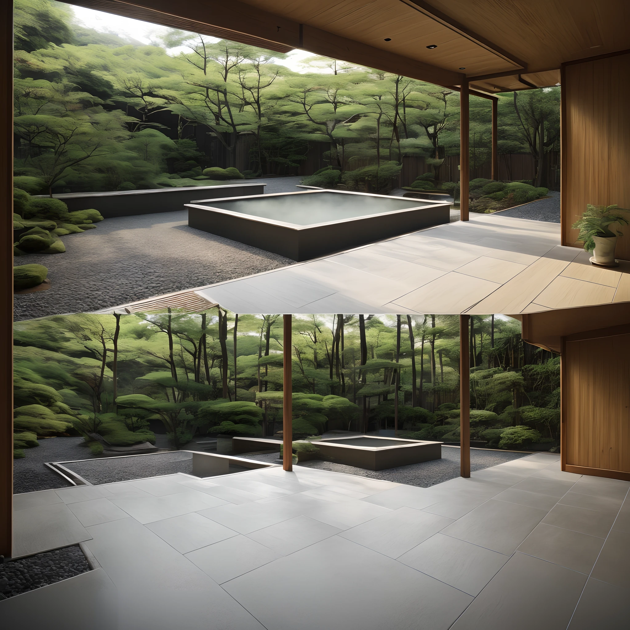 Semi-indoor hot spring hall,Modern minimalist style,Japanese paving on the floor