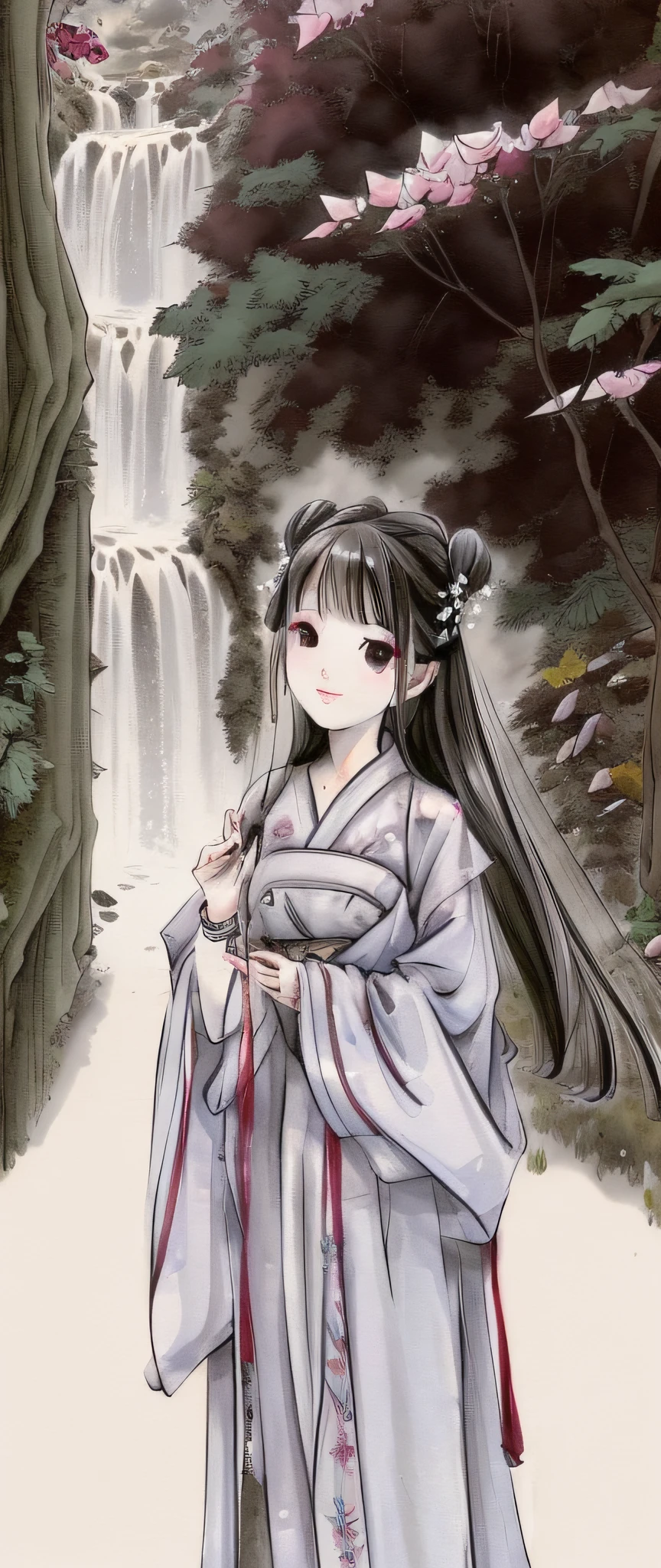 ((4k, masterpiece, best quality)), shuimobysim, traditional Chinese ink painting, lotus, hanfu, maxiskit, conservative dress 1girl, solo, long silver hair, smile, standing, waterfall background, cherry trees.