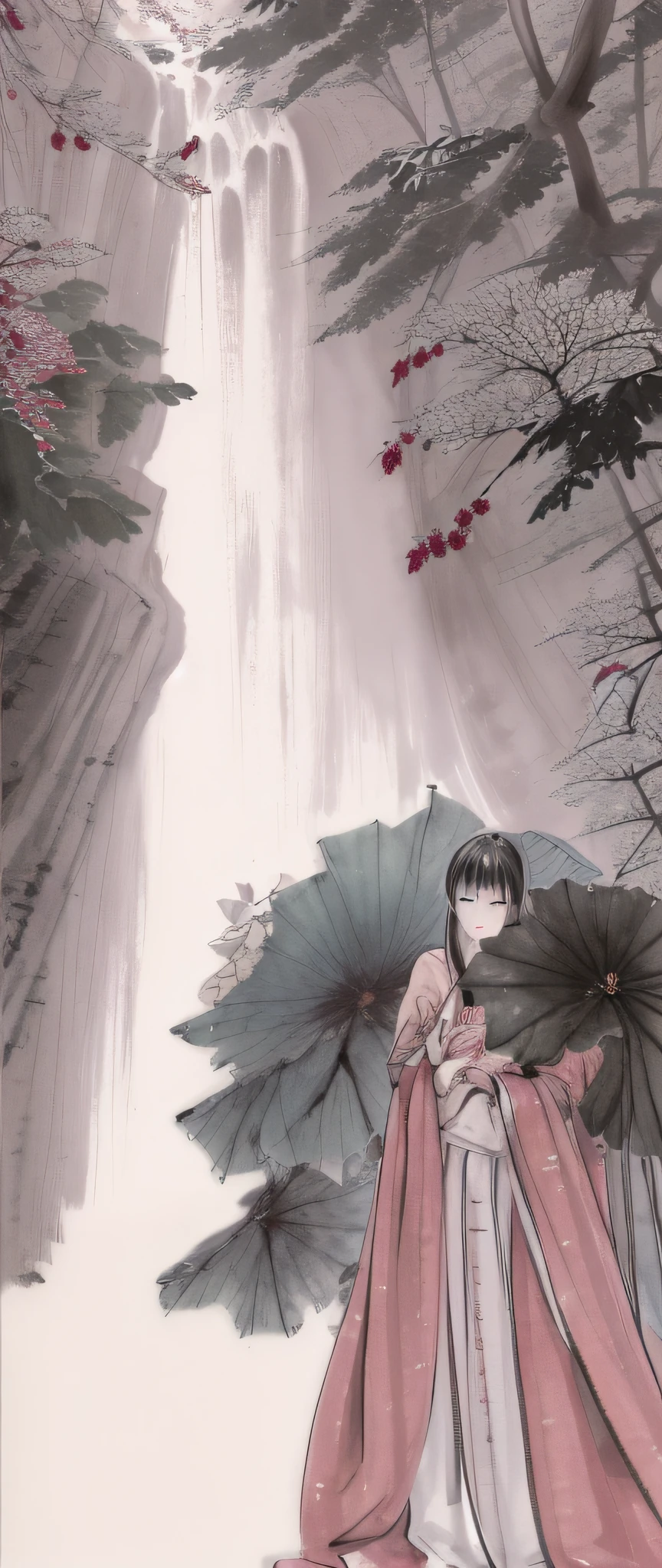 ((4k, masterpiece, best quality)), shuimobysim, traditional Chinese ink painting, lotus, hanfu, maxiskit, conservative dress 1girl, solo, long silver hair, smile, standing, waterfall background, cherry trees.