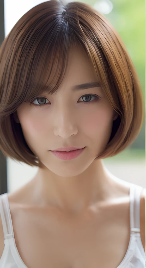 ((top-quality、8K、​masterpiece:1.3))、1girl in、Slim Abs Beauty:1.3、(Hairstyles Brown Hair Shortcuts、Colossal tits:1.2)、doress:1.1、Super fine face、Delicat eyes、二重まぶた、A smile、Home、Raw photo、Tank Tops、tits out、Sharp Eyebrows、japanes、cleavage of the breast、Slender beauty、Colossal tits、Sex slaves