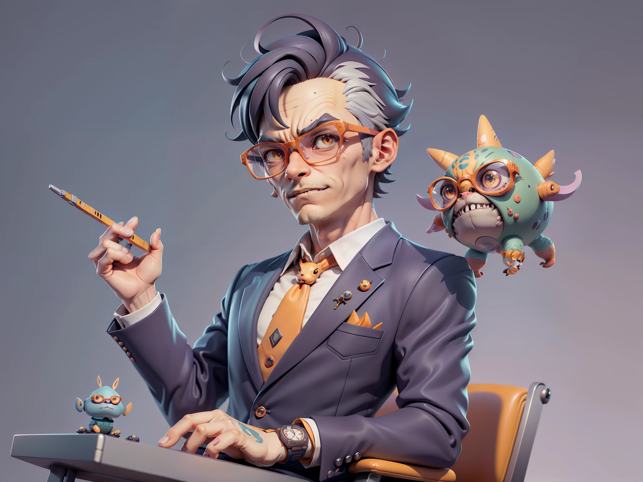 A young man in a suit, Short hair and glasses sat at his desk,holding laptop,digitial painting,tigre,3D character design by Mark Clairen and Pixar and Hayao Miyazaki and Akira Toriyama,4K HD illustration,Very detailed facial features and cartoon-style visuals。