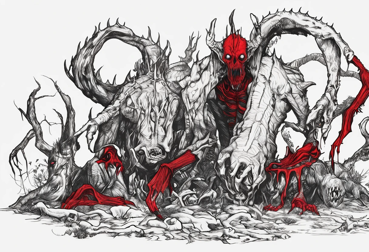 demonio vermelho e preto aterrorizante com unhas e garras, cores mortas, Jantar de terror, Gothic dinner, dark mist, Jantar macabro tenso, decomposition, Dark black liquid of the decomposing body, 12k resolution, sorriso do mal perverso, cena sombria escura em casa assombrada muito assustadora, ultra-detalhado, ((arte sombria)), πântano of horror, whole body view, head to toe, UHD