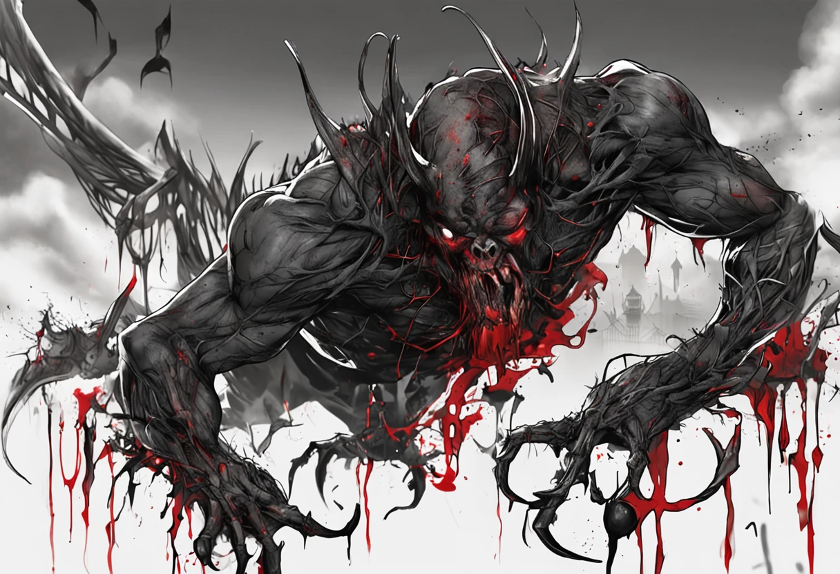 demonio vermelho e preto aterrorizante com unhas e garras em um cenario sombrio com nevoas e um clima escuro de terror, good composition, cores mortas, Jantar de terror, Gothic dinner, dark mist, Jantar macabro tenso, decomposition, Dark black liquid of the decomposing body, 12k resolution, sorriso do mal perverso, cena sombria escura em casa assombrada muito assustadora, ultra-detalhado, ((arte sombria)), πântano of horror, whole body view, head to toe, UHD