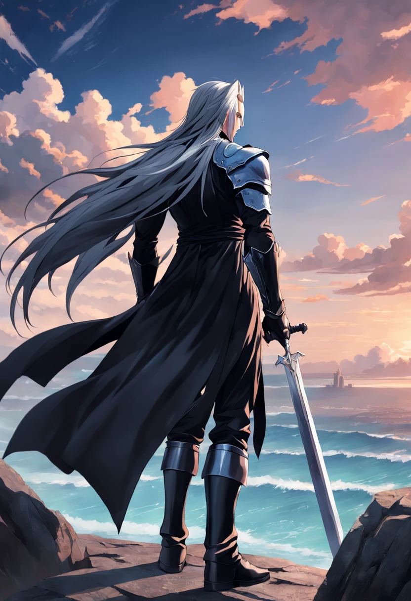 An incredibly detailed illustration of Sephiroth from Final Fantasy with his black outfit looking out over the horizon, corpo inteiro, incredible details, sombras perfeitas, Dynamic background, estilo de desenho hiper-realista.