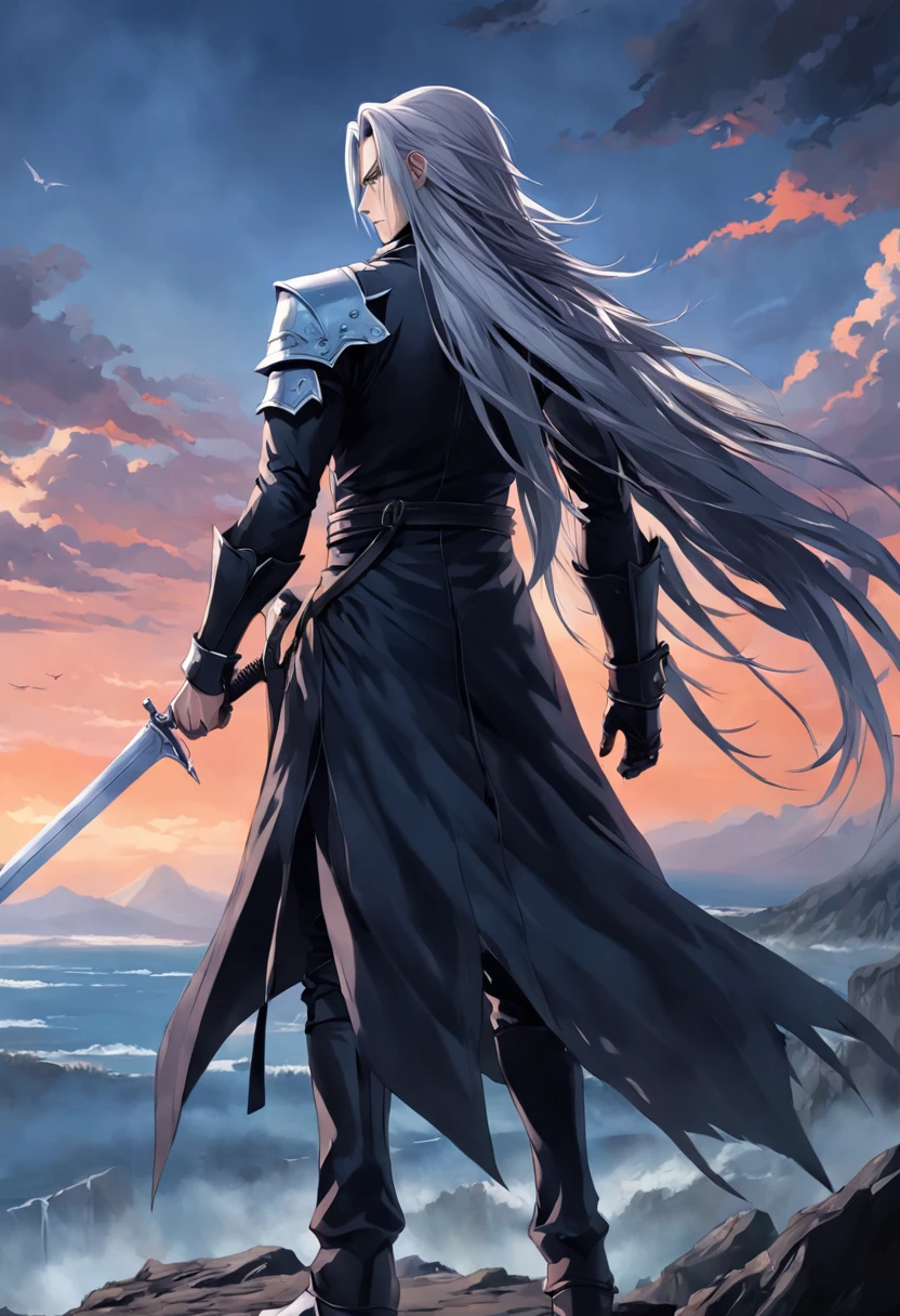 An incredibly detailed illustration of Sephiroth from Final Fantasy with his black outfit looking out over the horizon, corpo inteiro, incredible details, sombras perfeitas, Dynamic background, estilo de desenho hiper-realista.