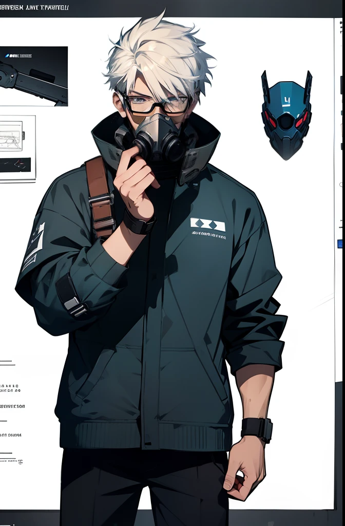 1boy, white hair, blue eye, wears glasses, student uniform, prosthetic arm, gas mask, Game art design sheet, Ink drawing line art,