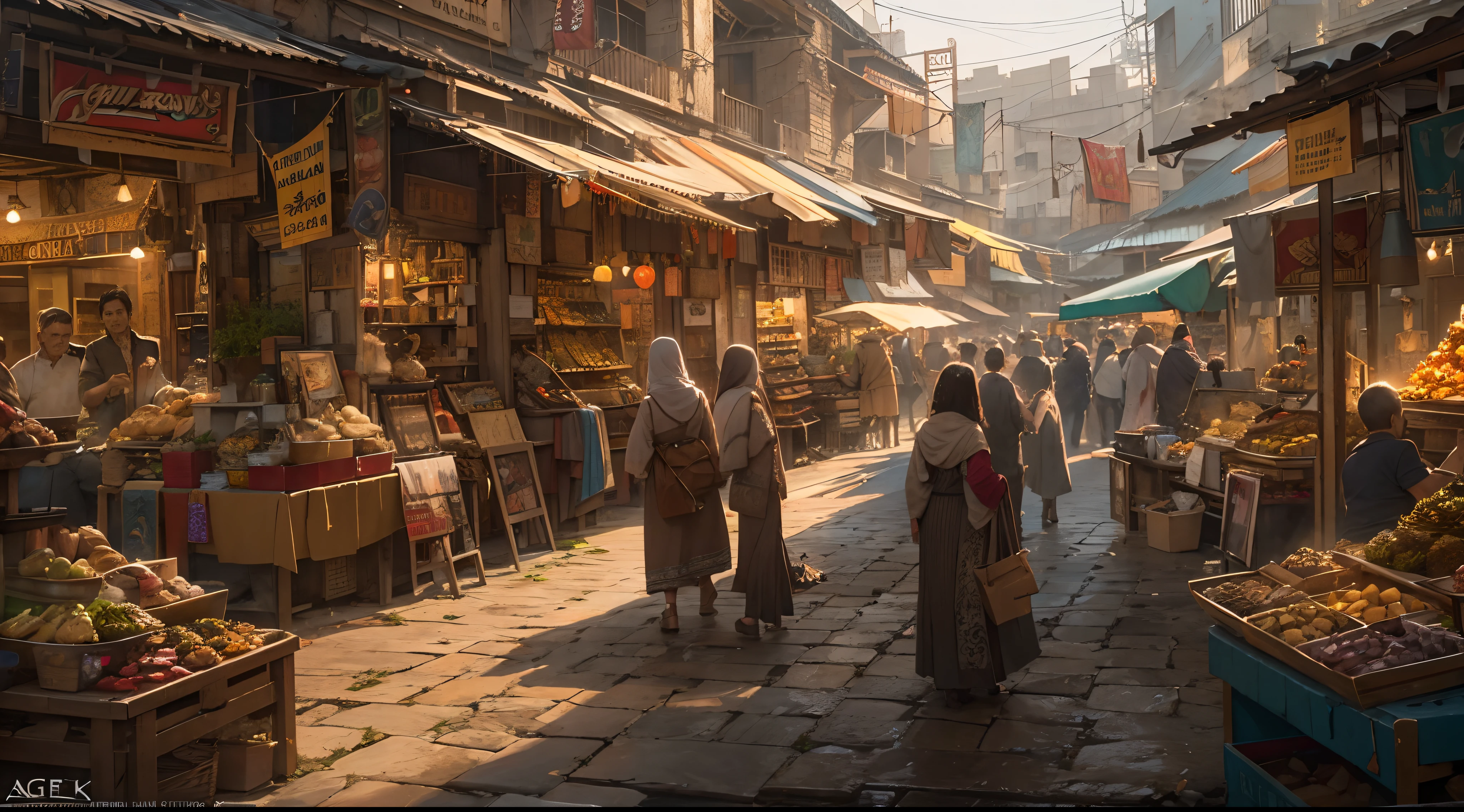 "(by Greg Rutkowski: 1.2), (ultra-detailed CG unity 8k wallpaper, masterpiece, best quality, depth of field, HDR, intricate), from Greg Rutkowski, Stunning and vibrant image of a bustling bazaar. Showcasing a variety of colorful stalls, lively characters, and vibrant cultural elements. Capture the essence of the marketplace with vibrant colors, intricate details, and dynamic compositions. Let the scene come alive with the hustle and bustle of people, exotic goods, and the vibrant atmosphere of a bustling marketplace."