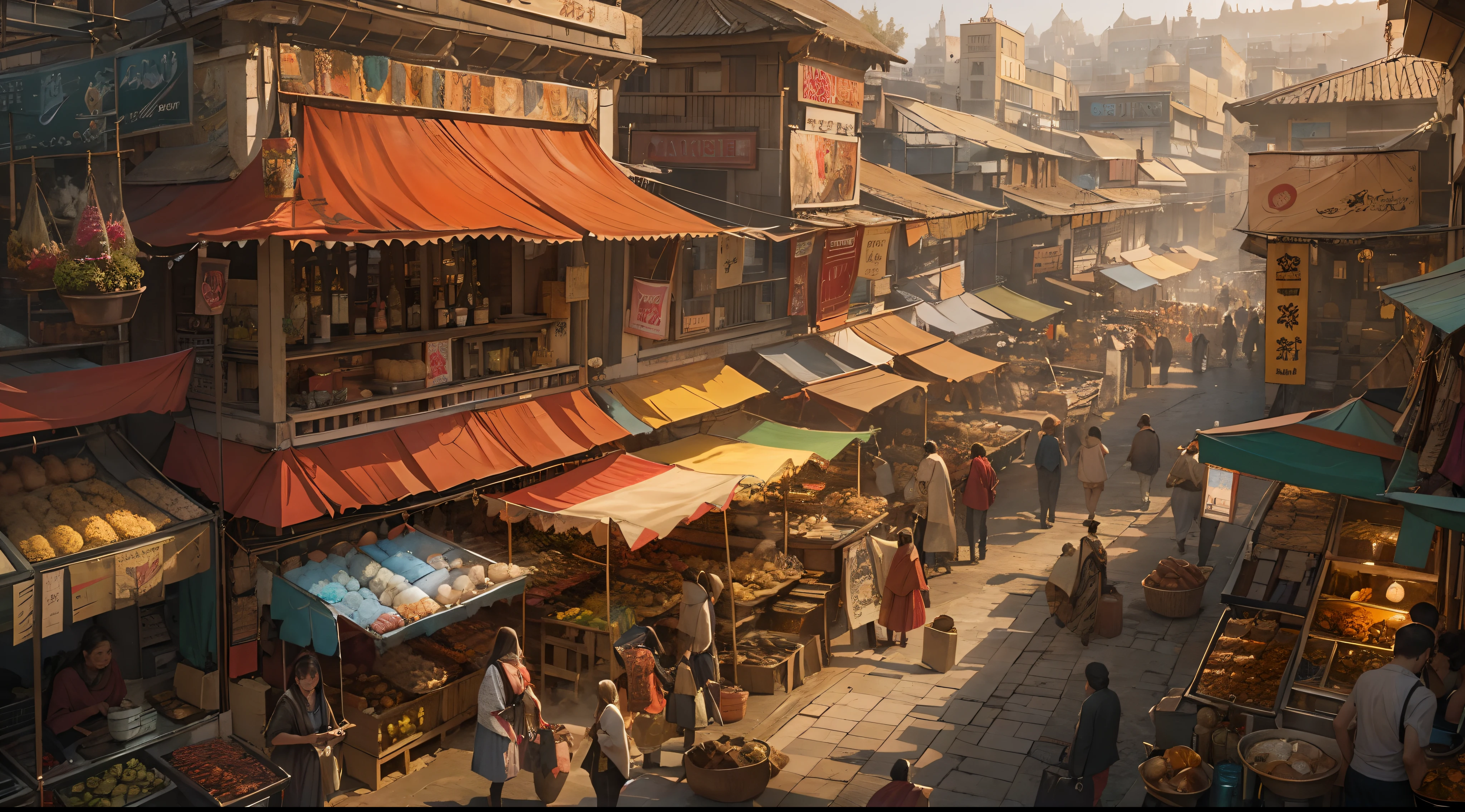 "(by Greg Rutkowski: 1.2), (ultra-detailed CG unity 8k wallpaper, masterpiece, best quality, depth of field, HDR, intricate), from Greg Rutkowski, Stunning and vibrant image of a bustling bazaar. Showcasing a variety of colorful stalls, lively characters, and vibrant cultural elements. Capture the essence of the marketplace with vibrant colors, intricate details, and dynamic compositions. Let the scene come alive with the hustle and bustle of people, exotic goods, and the vibrant atmosphere of a bustling marketplace."