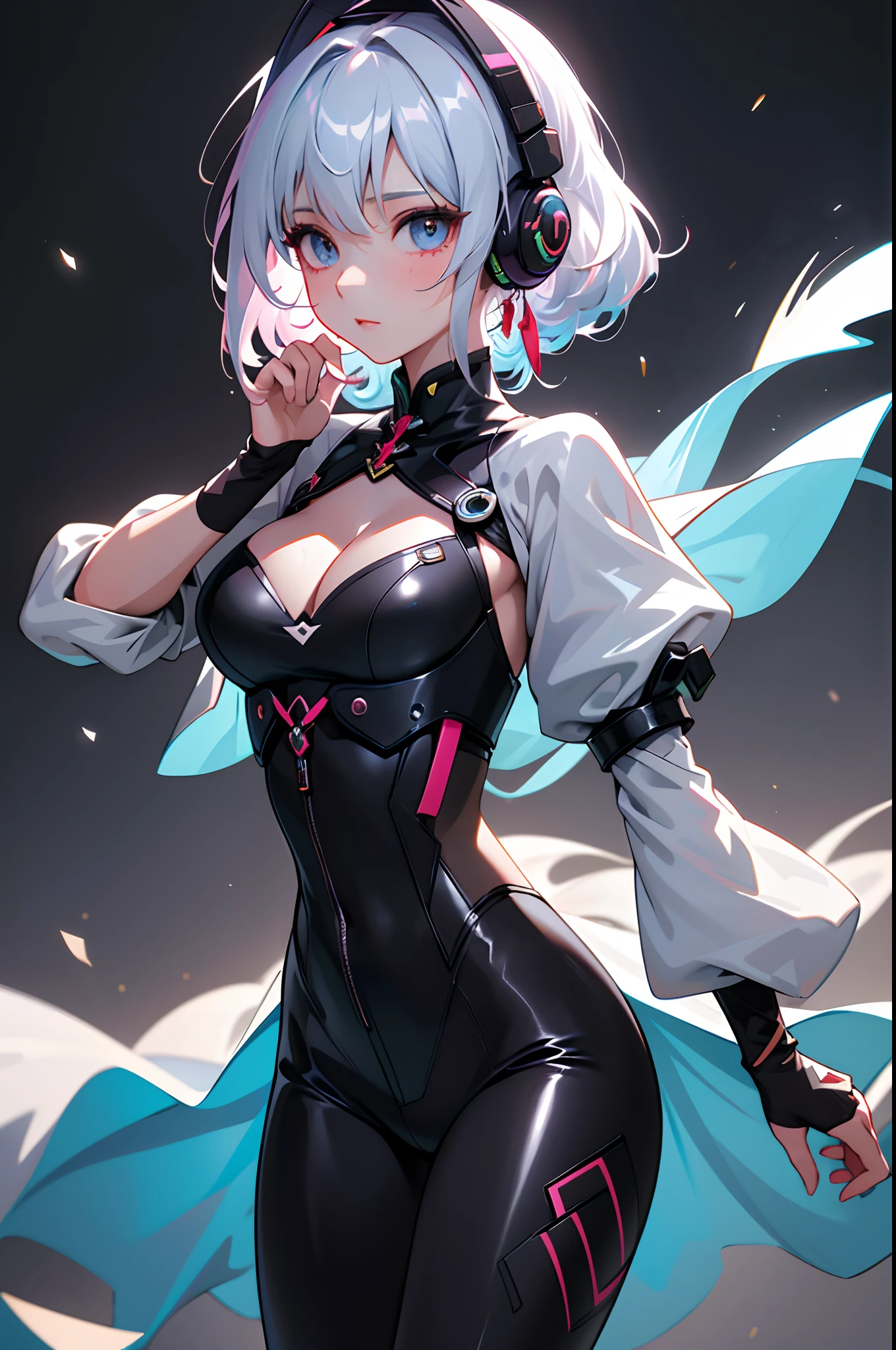 offcial art， Unity 8k壁纸， ultra - detailed， Beautiful and beautiful， tmasterpiece， best qualtiy，  closeup cleavage， dent in the skin， Souryuu Tomorrow Shanglangley， Interface headset， Under tights， Detailed eyes， Detailed face， detailed hairs， with black background， Straight Forward， looking at viewert， Shiny，