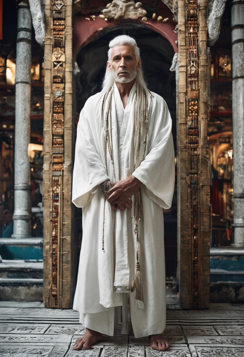 white color hair,white clothes,Young ancient man in white python robe