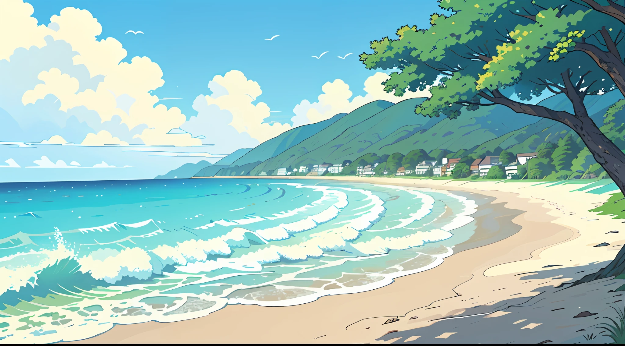 (best quality:0.8), (best quality: 0.8), illustration, quiet scenery of a beach
