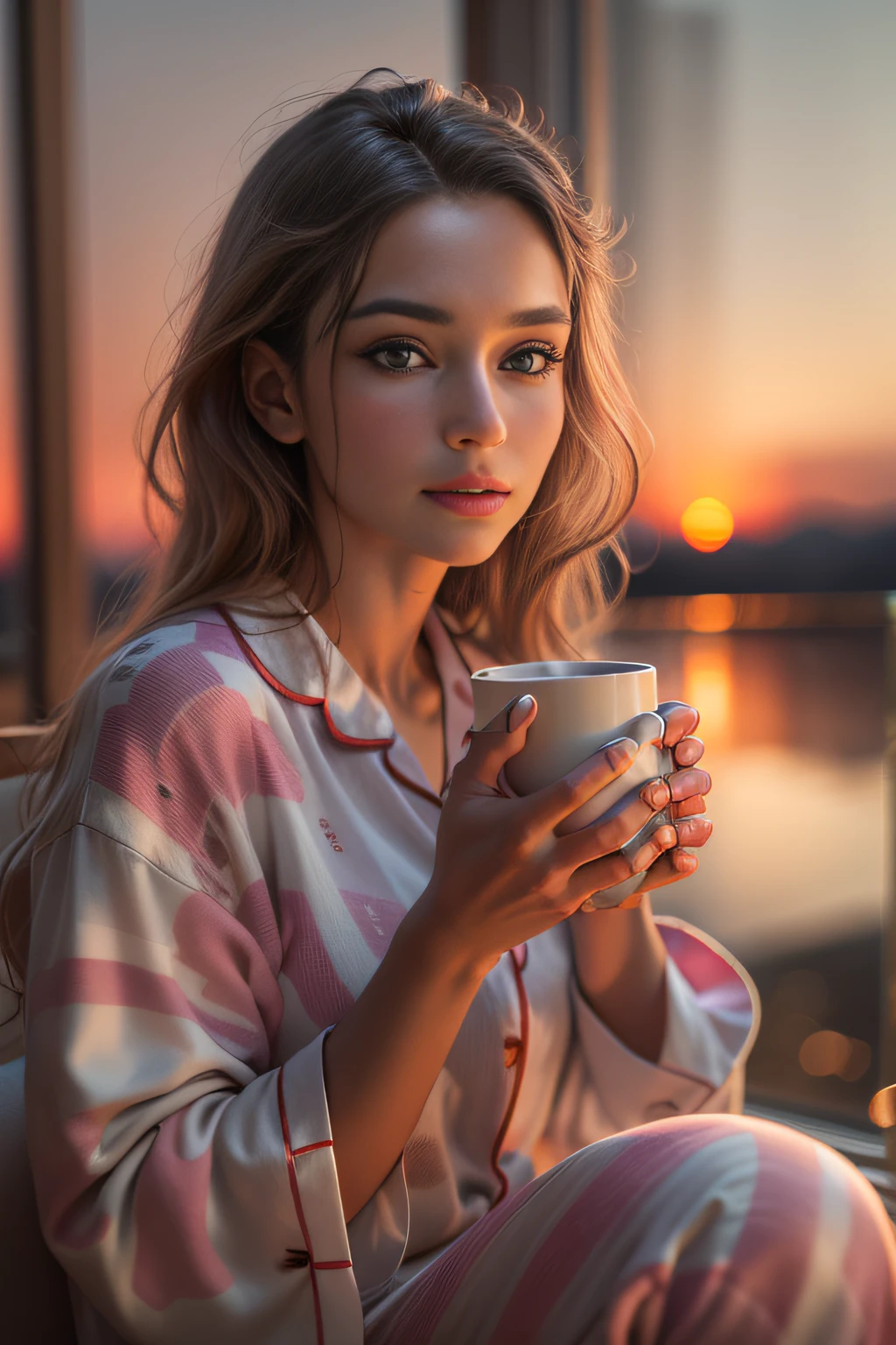 RAW photo, a super beautiful woman wearing her pajamas, holding a cup of coffee while staring at the sunrise, raw photo, raw, cinematic, photorealistic, soft lighting, glossy, glossy skin, clear eyes, sharp eyes, radiant skin, realistic skin, hyper realistic, hyper realistic skin, realistic eyes