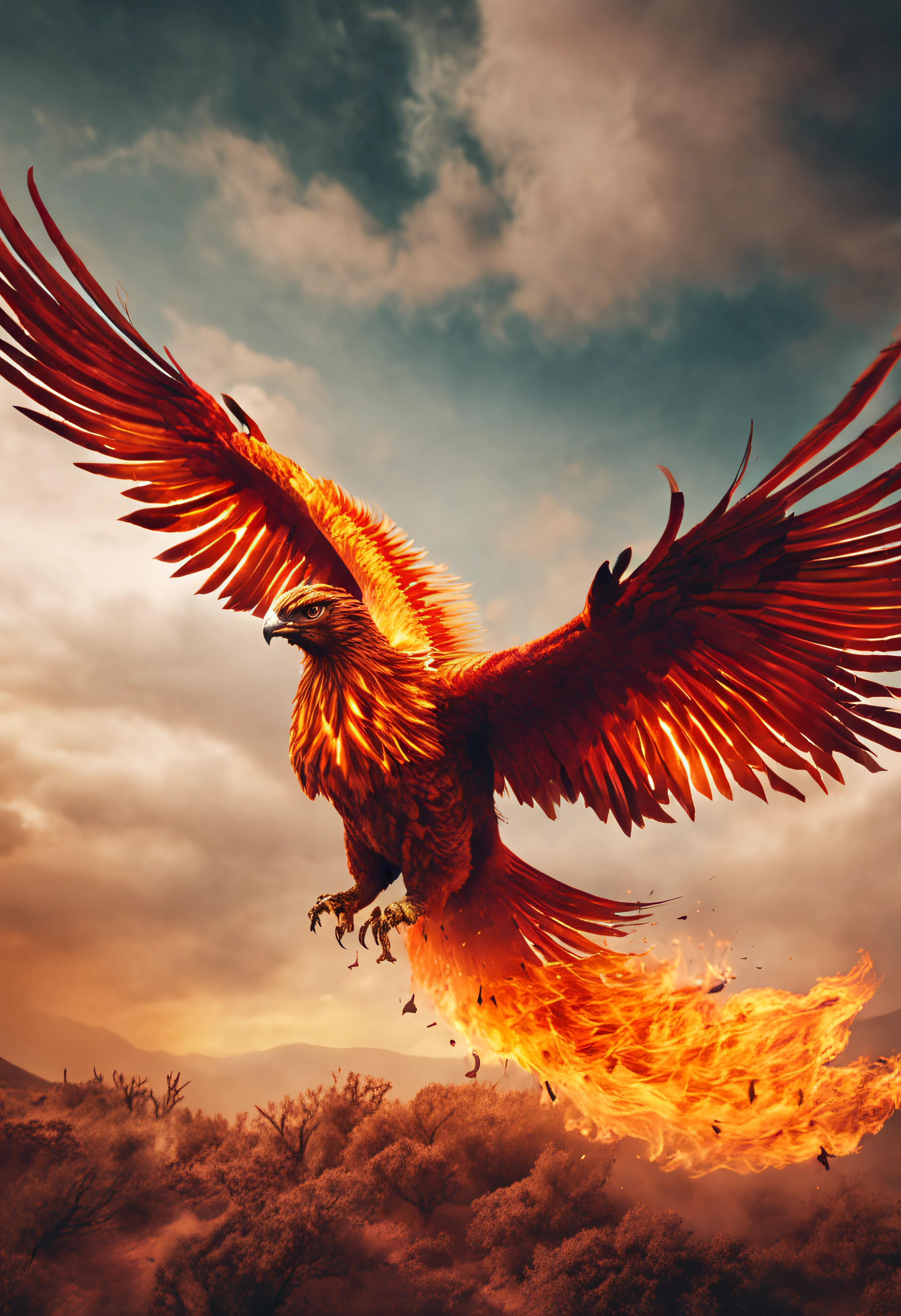 Develop an image that contains the image of a phoenix with its wings spread, flying over a burning forest area, as a symbol of wildfire operations.