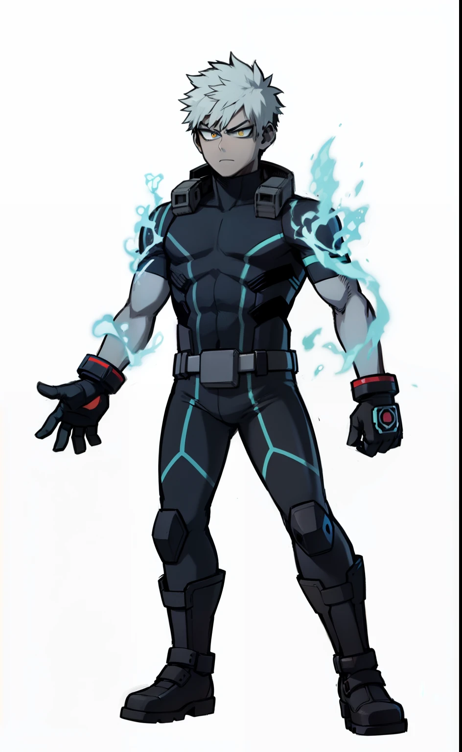 My Hero Academia style, anime boy, male, young male, trending on artstation pixiv, (full body shot:0.5), Blue fire skin, fire skin, blue skin, blue flaming face, white eyes, flaming face, blue flames, hero suit, full body suit, sleeveless black suit, Black gloves, black shin boots, manos perfectas, Perfect Anatomia, super detailed,