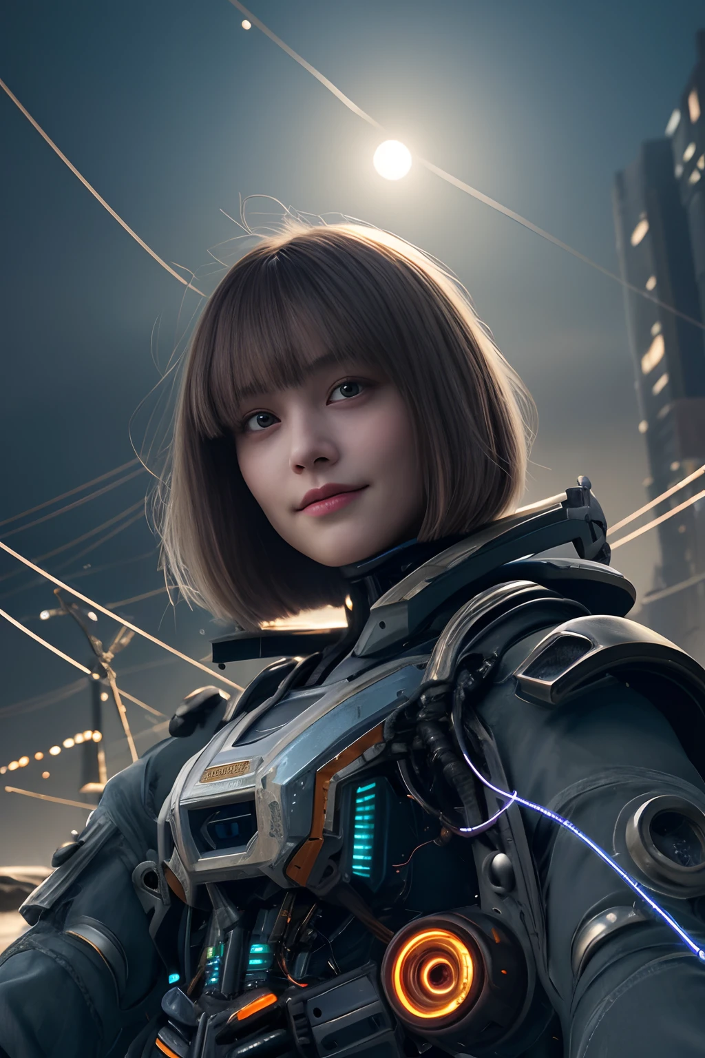 Cybernetic arm and glowing cyber girl, Stand on a post-apocalyptic battlefield cityscape.Surrounded by a network of wires. Surrounded by a web of circuits. Cyber Girl with a submachine gun, Glossy light brown and orange striped shorthair,Cute smile,Perfect round face,Proper body proportion,masutepiece,Super high-quality output images,hight resolution,Intricate details,Very delicate and beautiful hair,photos realistic,Dreamy,Professional Lighting,realistic shadow,Solo Focus,Beautiful hands,Beautiful fingers,Detailed finger features,detailed clothes features,Detailed hair features,detailed facial features,