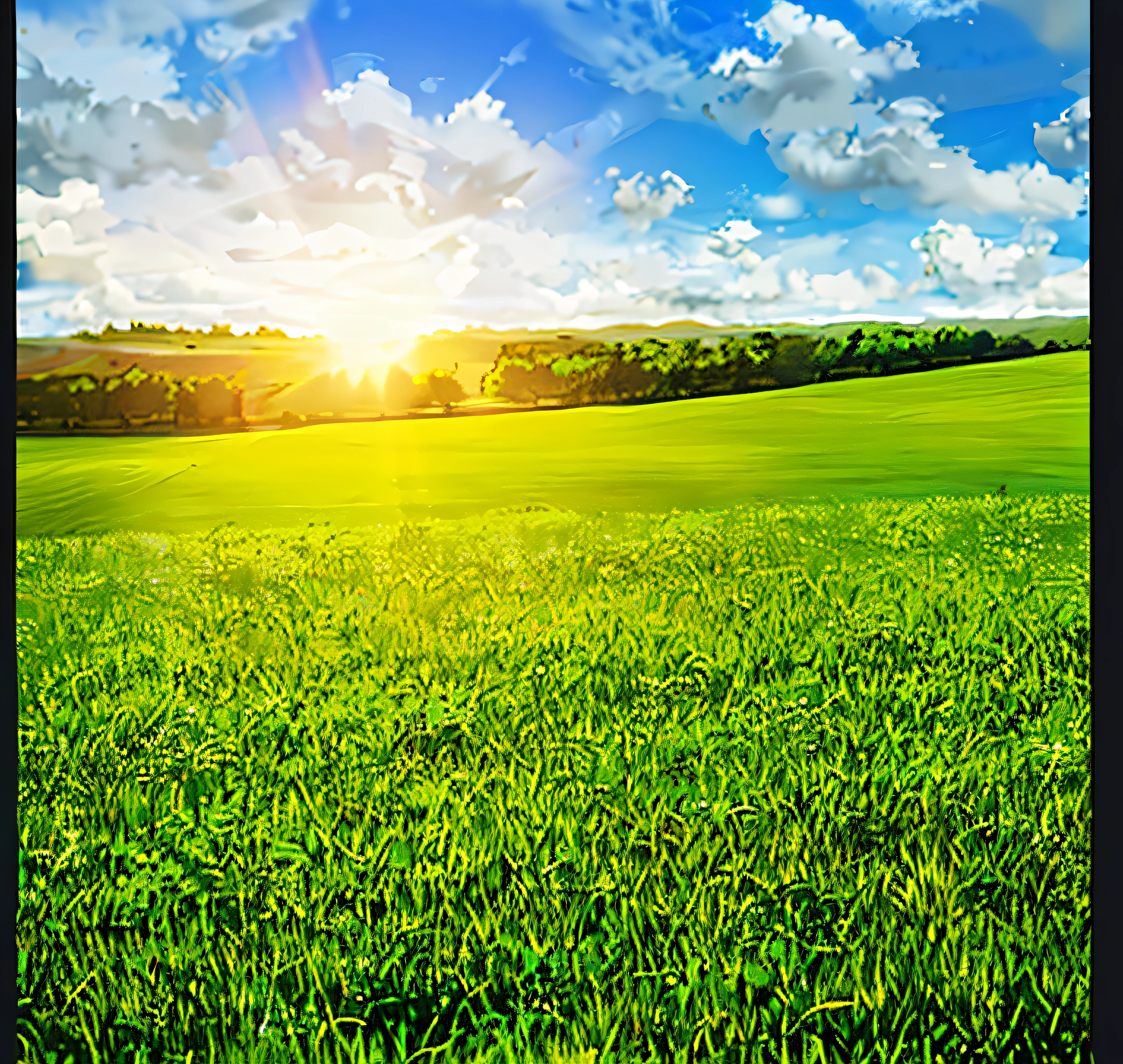 grassy fields，Sunlight shines through the clouds, lush field, bright sunny summer day, sunny landscape, um dia ensolarado, beautiful fine sky, in a large grassy green field, Green field, in field high resolution, Inspired by Phil Koch, perfect crisp sunlight, grassy fields, detailed fields nature, verdant green fields, Bright landscape, lush green meadow, Afternoon sun
