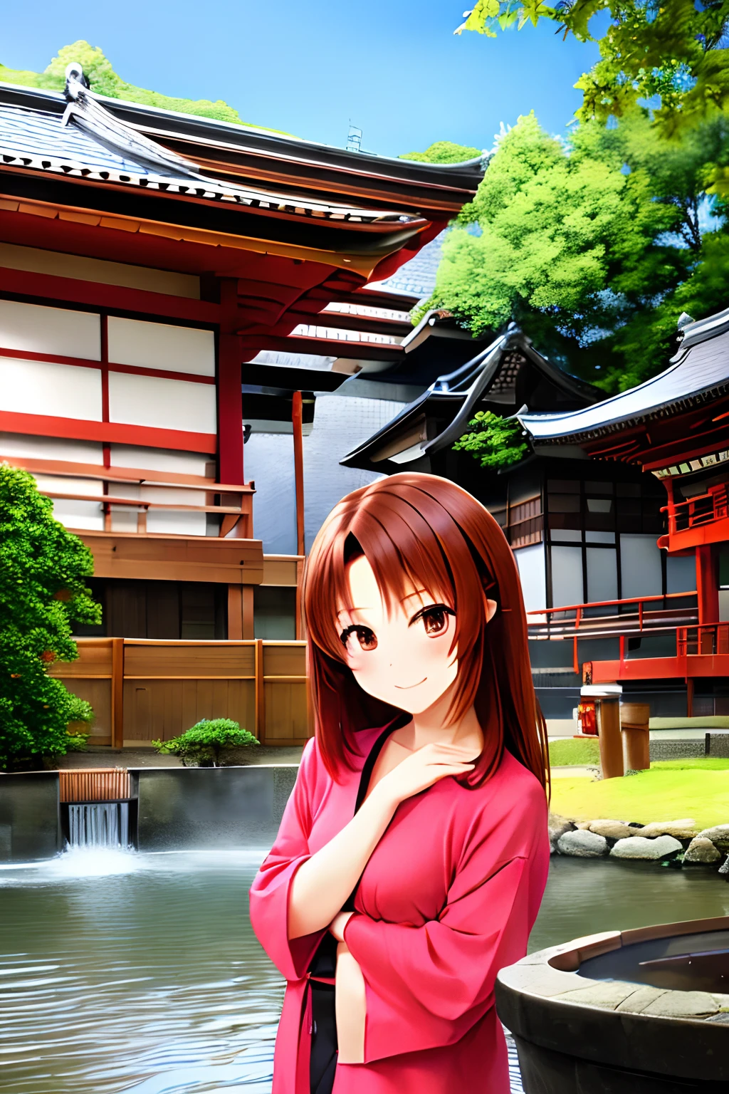 masutepiece　Top image quality　Brown hair　long　shrines　Temples　Japanese style building in the background　bath robe　tee　A smile