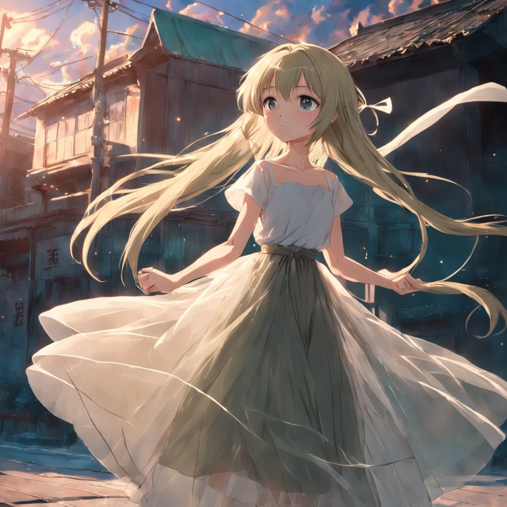Khaki hair girl in white tulle long dress