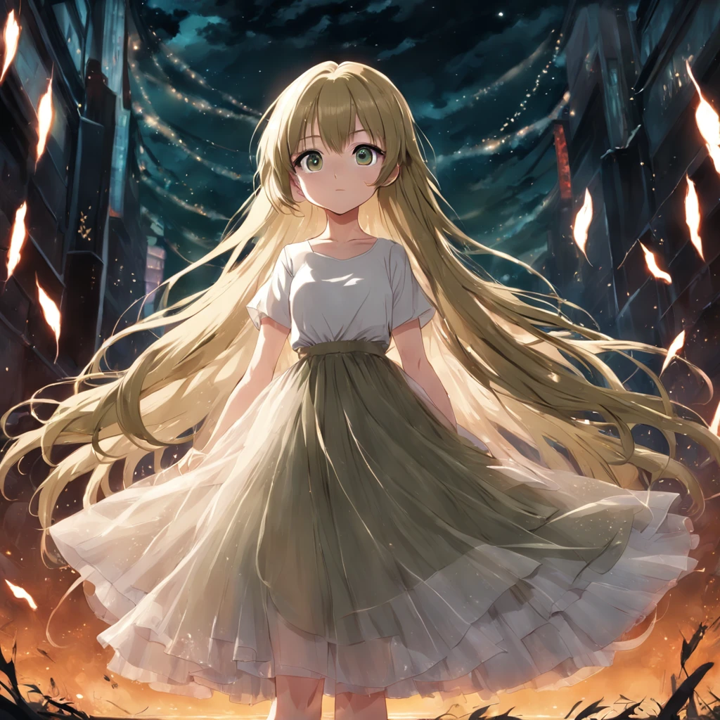 Khaki hair girl in white tulle long dress