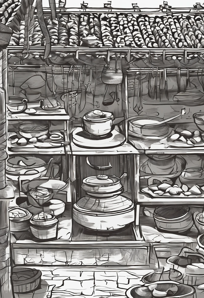 Ancient workshops,Sketch line drawing,Ancient Chinese pastry making