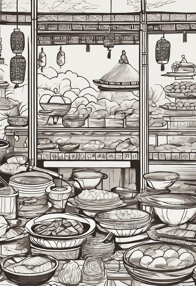 Ancient workshops,Sketch line drawing,Ancient Chinese pastry making