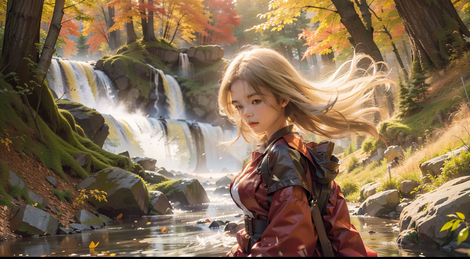 fall season,full bodyesbian, standing on your feet,long skirt,Portrait of cute blonde girl, Stand in the woods of the forest,There is a stream, (((looks away))), In the distance, The mountains are full of red maple,Red Maple, orange fog, Exercise, floated hair, Realism, High-quality rendering, stunning art, High quality, filmgrain, Fujifilm XT3, Dreamy,