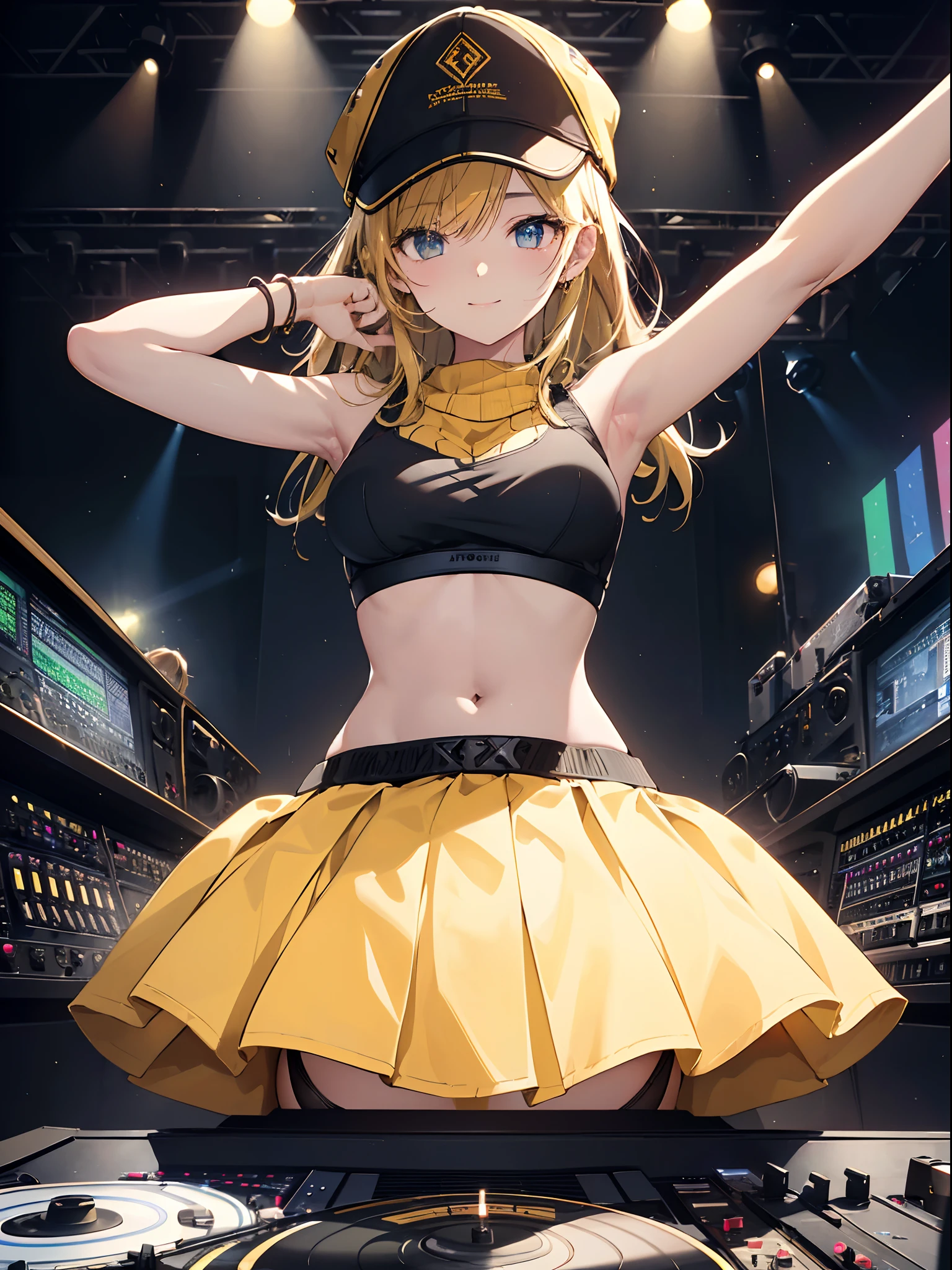 absurderes,(​masterpiece、top-quality、8K ),intricate detailes,ultra-detailliert、one girls、Grinning 、(gals:1.4)、((nffsw:1.5)),(a blond:1.3),((skin tanned:1.4)),(Black Sports Bra、Yellow jumper,Cool Cap Hat:1.3),(Live Stage:1.3),(turntable、Mixing Machine、Sampling Machine、Rhythm Box、mixer,synthesizer、Monitors:1.2),Stage Live Background、Spotlight from behind、Hyper realistic,Perfect Anatomy