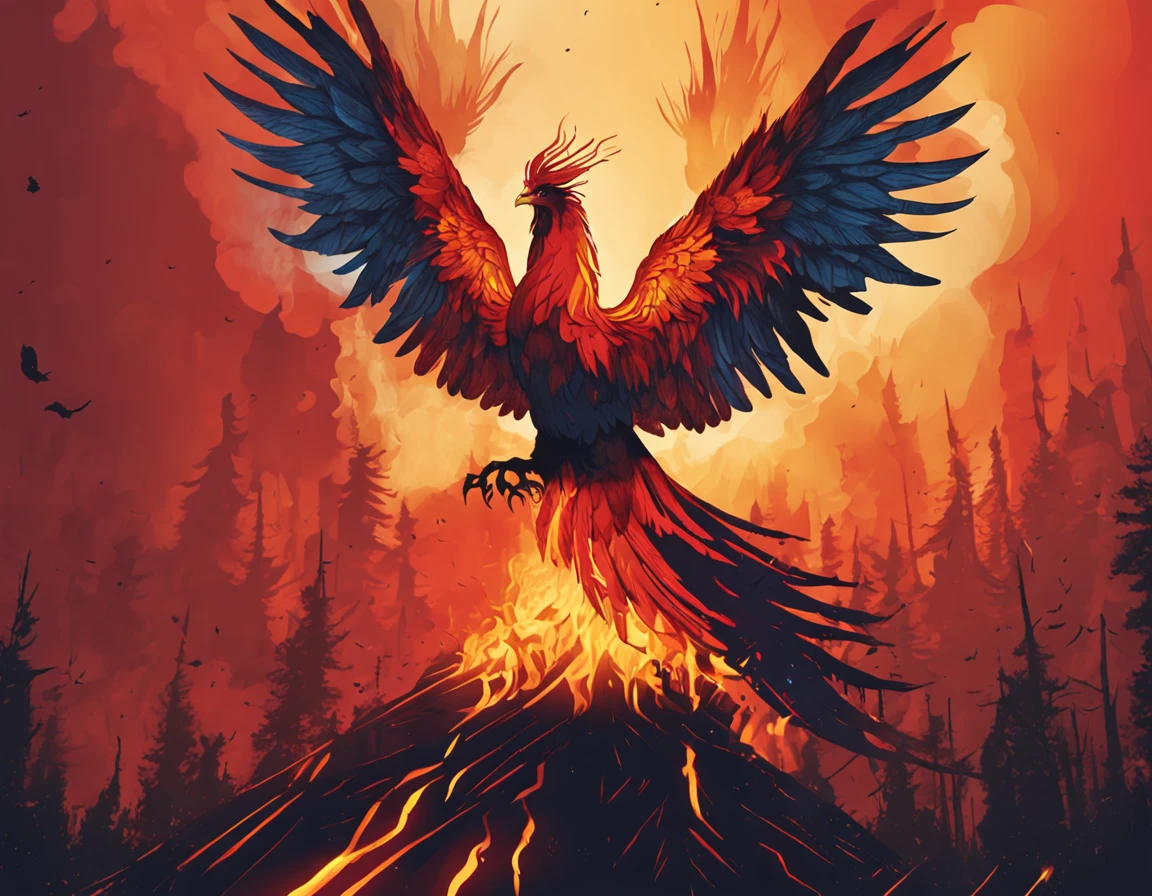 Develop an image that contains the image of a phoenix with its wings spread, flying over a burning forest area, as a symbol of wildfire operations.