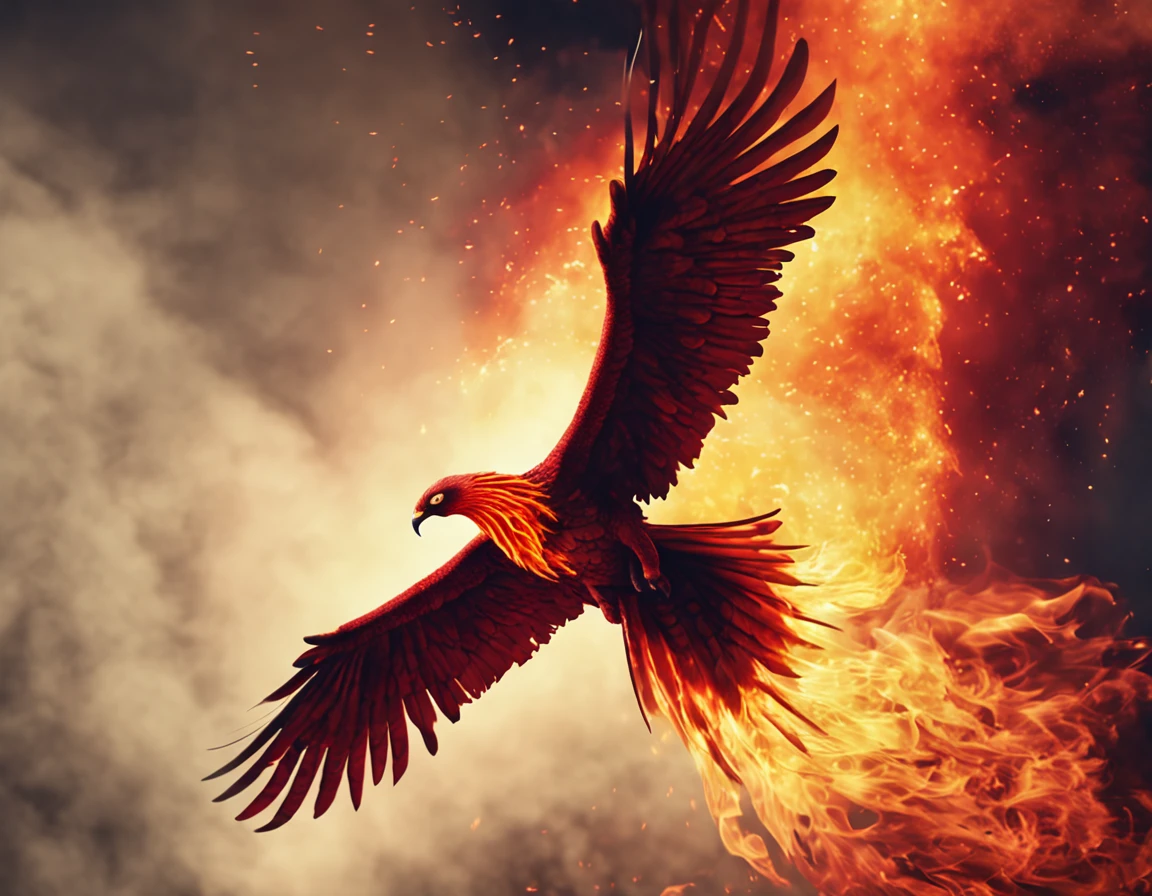 Develop an image that contains the image of a phoenix with its wings spread, flying over a burning forest area, as a symbol of wildfire operations.