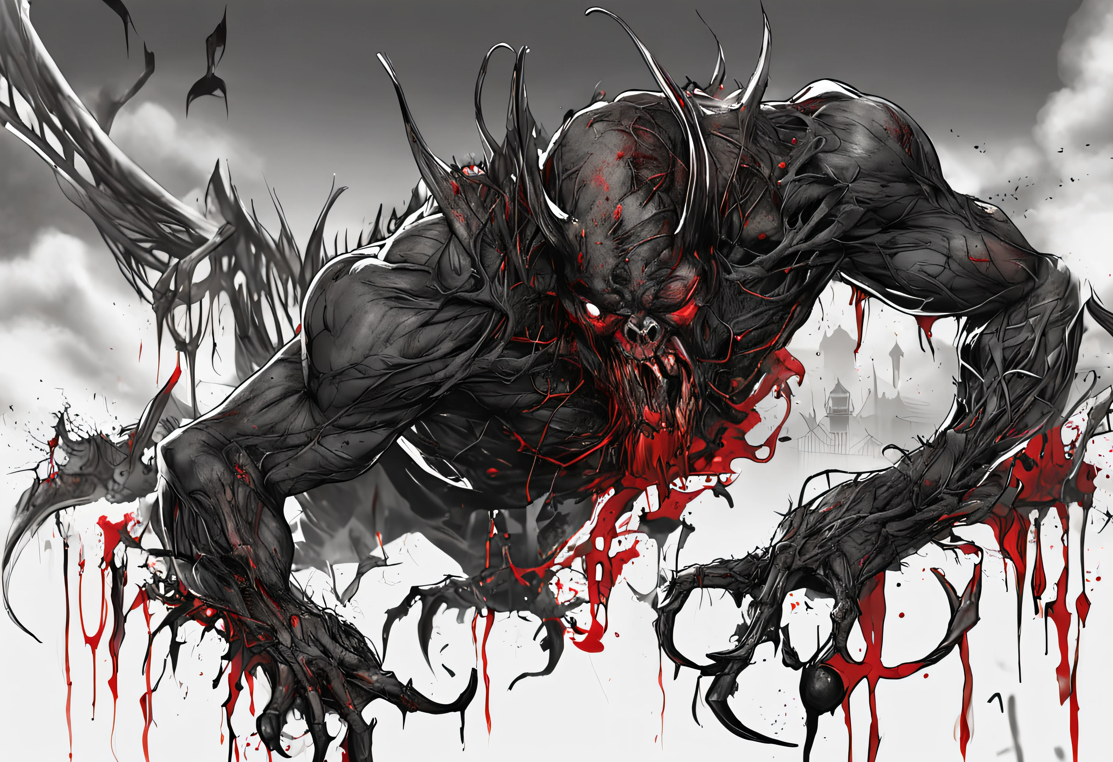 demonio vermelho e preto aterrorizante com unhas e garras em um cenario sombrio com nevoas e um clima escuro de terror, good composition, cores mortas, Jantar de terror, Gothic dinner, dark mist, Jantar macabro tenso, decomposition, Dark black liquid of the decomposing body, 12k resolution, sorriso do mal perverso, cena sombria escura em casa assombrada muito assustadora, ultra-detalhado, ((arte sombria)), πântano of horror, whole body view, head to toe, UHD