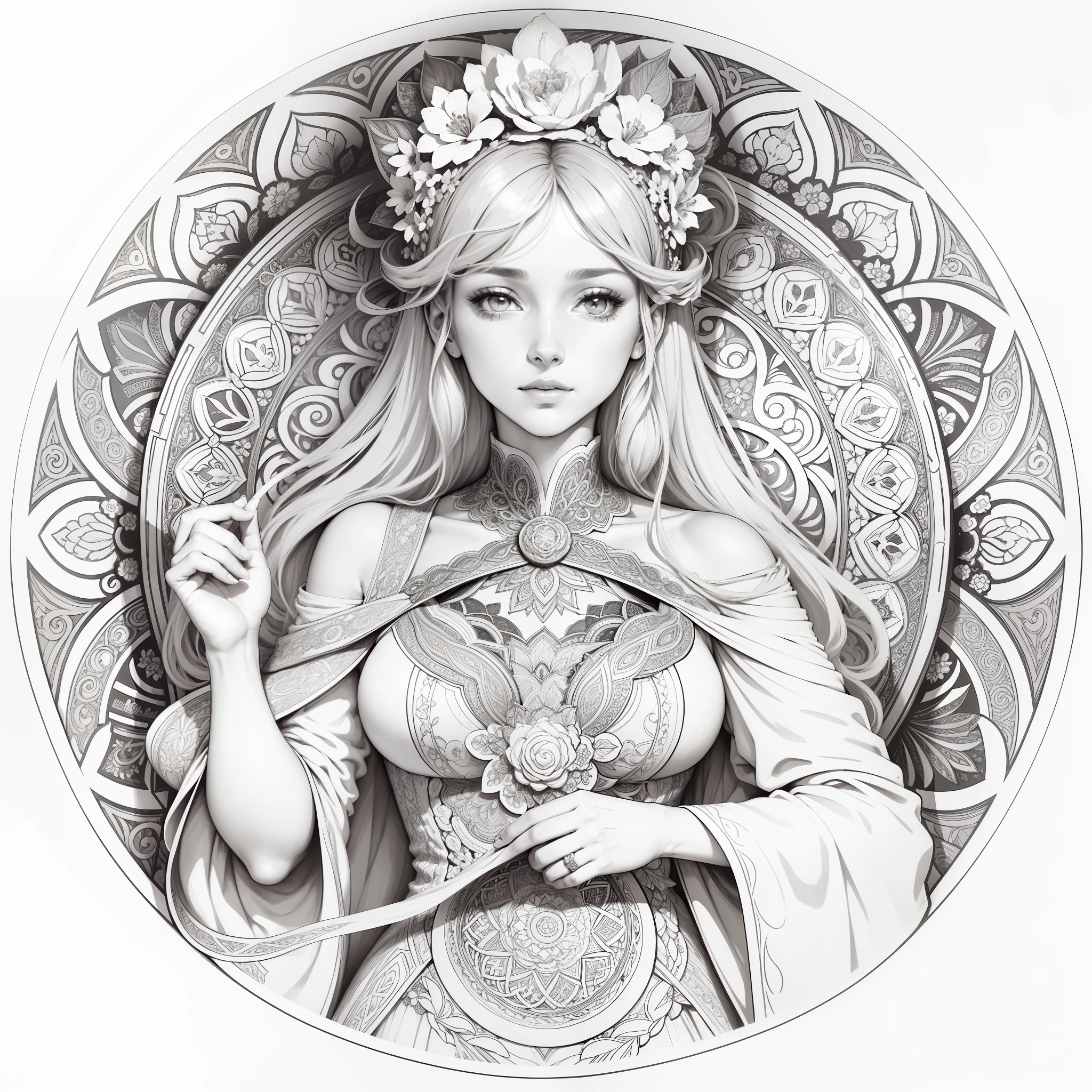 Central Focus - Female Face: The piece would center on the face of a stylized woman, with soft and elegant features, inspired by the Art Nouveau style. The face would have an enigmatic and expressive look, with well-defined features, without excesses, such as the use of simple shadows to give depth.
Flowing Hair in Art Nouveau: The hair would be one of the main elements of the design, flowing in soft waves around the face. The lines would be curved and organic, capturing the essence of Art Nouveau. The waves of the hair could extend around the image, creating a natural and decorative movement without complicating the design.
Adding a Simple Element: A small symbolic element, such as a single rose or a simple jewel, could be added to the side of the face or in the hair, maintaining the neo-traditional aesthetic with clear and bold lines, without introducing too many elements.
Flash Composition: The design would be compact and clear, ideal for fitting into smaller areas such as the forearm or calf, while maintaining the classic aesthetic of a flash tattoo.