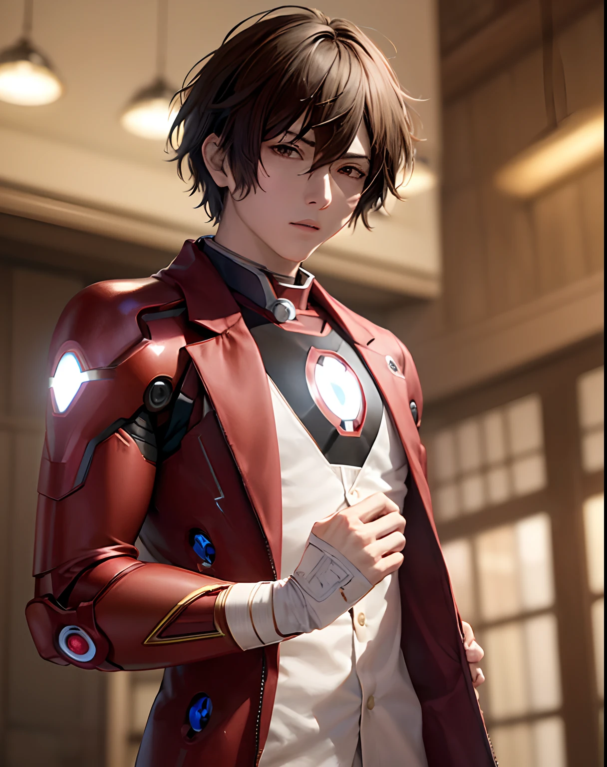 (​masterpiece、top-quality:1.2), The upper part of the body, 独奏, Male Focus, 1boy, dazai osamu, deadpan, Brown jacket, bandaged, ((ironman suit))