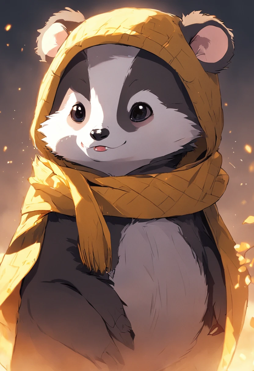 Draw a baby badger with a Hufflepuff scarf tied around its neck and a Selector hat balanced on its head. He's looking at the viewer with curious eyes and a shy little smile.