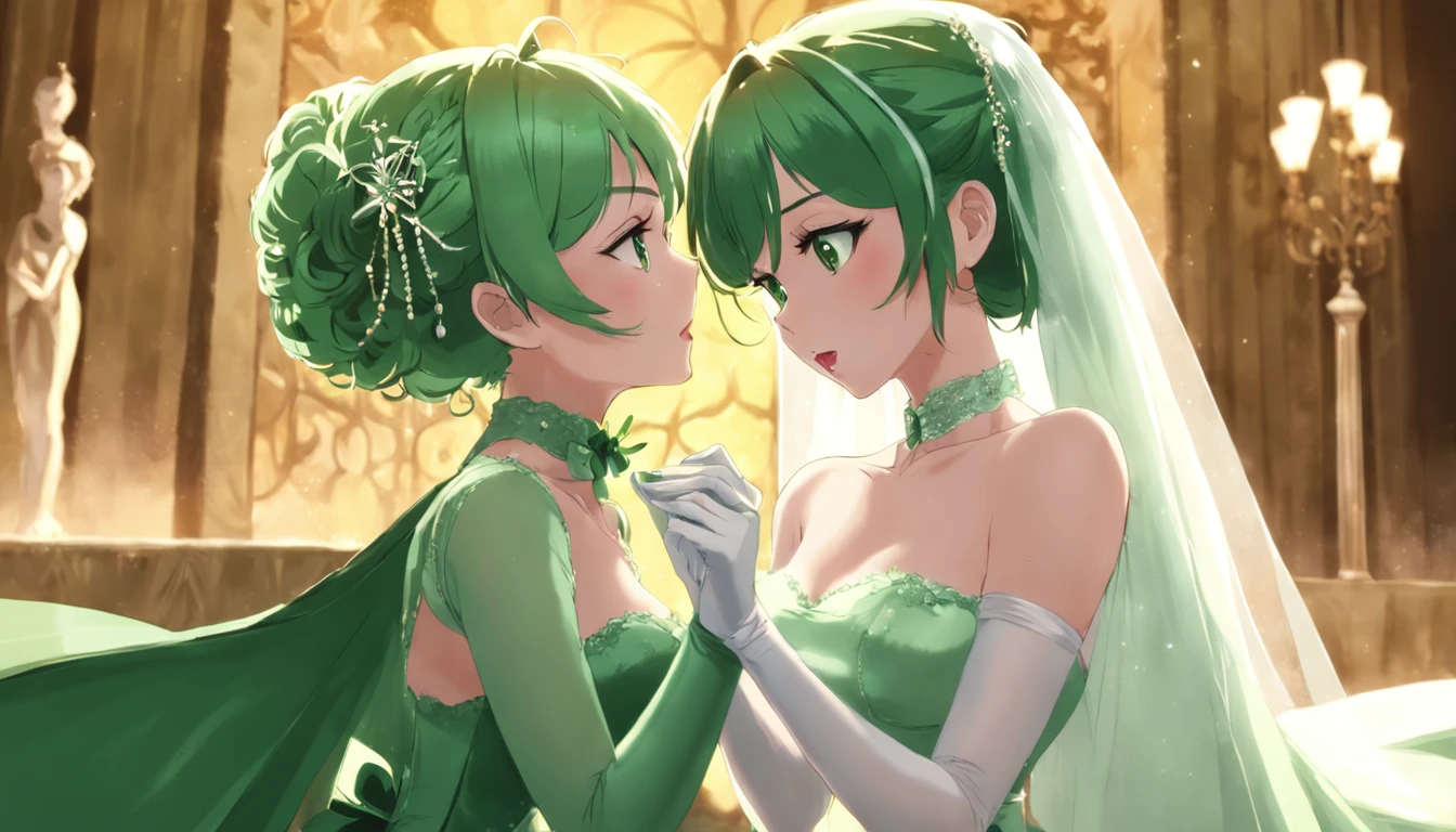 Sexy lesbian couple make, Passionate, chies, making love, wedding, Green Satin Long Gloves, Green Wedding Dresses, Green shorthair, lipsticks, the kiss, bride, Green Pearl Necklace, Green Bride, lesbian