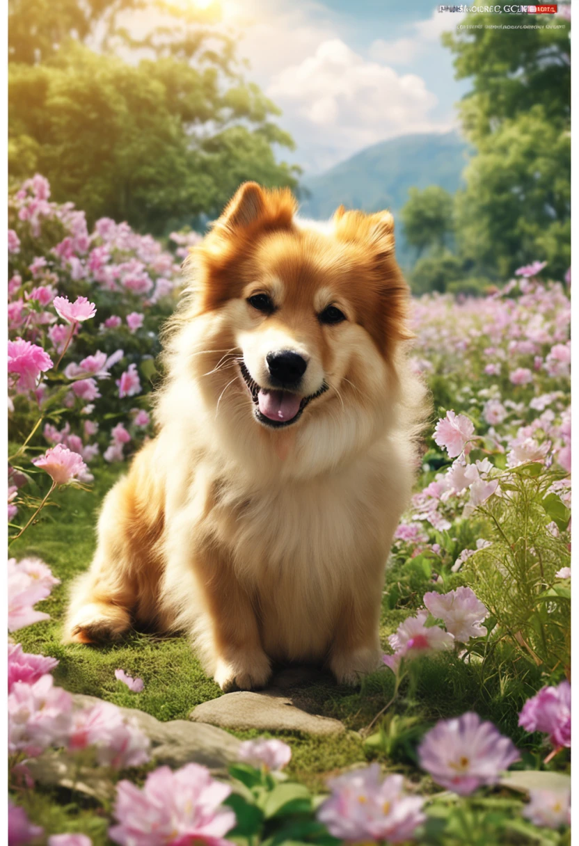 farmer Laos Vang Vieng、master-piece、Deserved Outstanding Performance、Outstanding quality、Photo of a white golden retriever、Attractive big eyes、Round and big eyes、Eyes with outstanding beauty、Realistic drawings of big eyes、bottomless, shining eyes、Dog Illustration Production、beautiful background、Garden bathed in warm sunlight、Different flowers々Color of、Overgrown meadow pictures、Exhibits the appearance of a slight blowing wind.、Cute smiling dog、Elegant posture and harmony of the landscape.、Under a bright blue sky、Be one with nature.、An expression full of power.、Take advantage of photorealistic touch、It makes you feel a deep bond with your dog.、Create a relaxing atmosphere、Fur that can be drawn thoroughly.、Realistic expressions、Beautiful expression of the harmony of nature.、Breathe life into special moments、Weaving beautiful natural scenery、Soft light expression