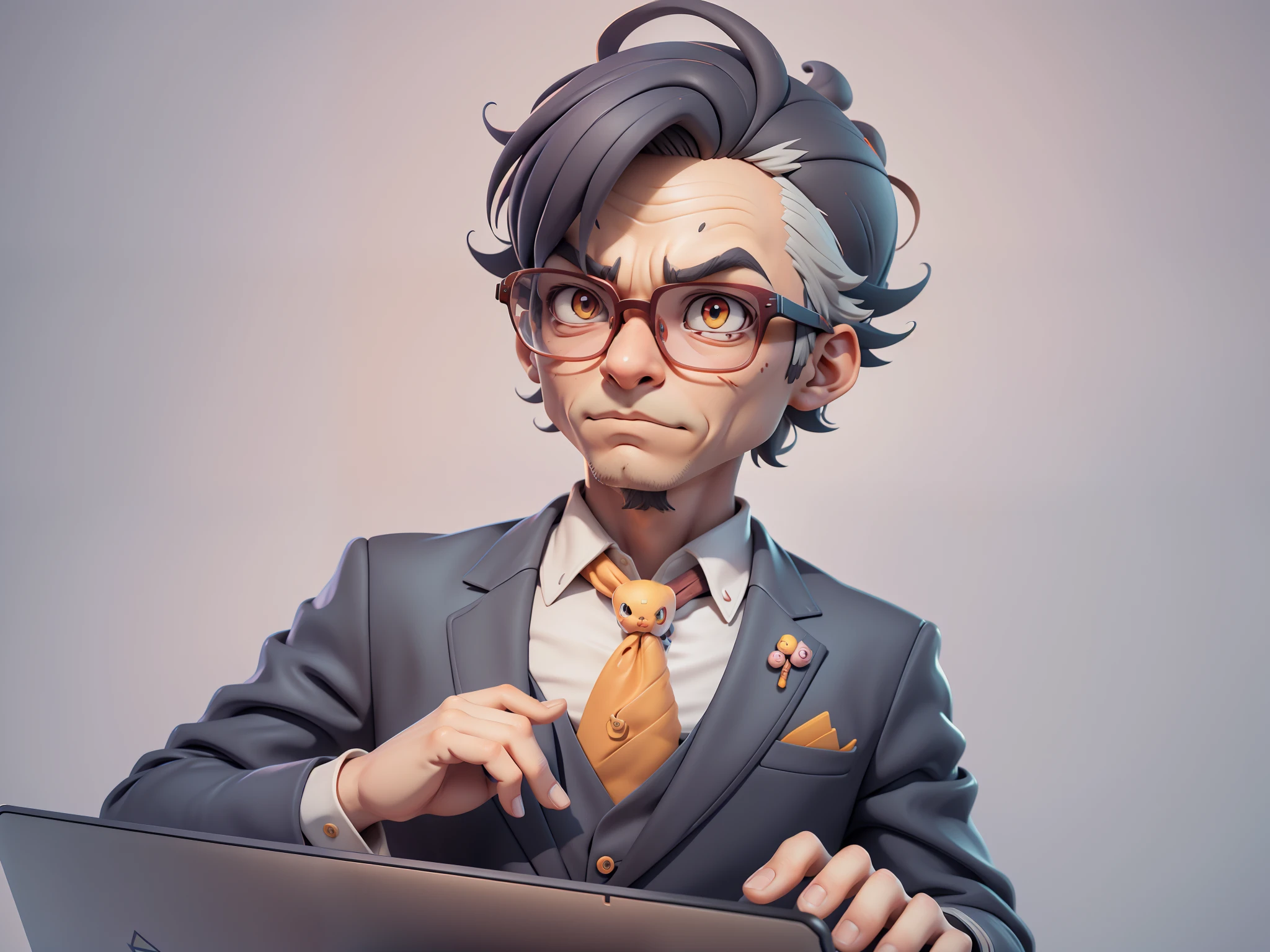 A young man in a suit, Short hair and glasses sat at his desk,holding laptop,digitial painting,tigre,3D character design by Mark Clairen and Pixar and Hayao Miyazaki and Akira Toriyama,4K HD illustration,Very detailed facial features and cartoon-style visuals。