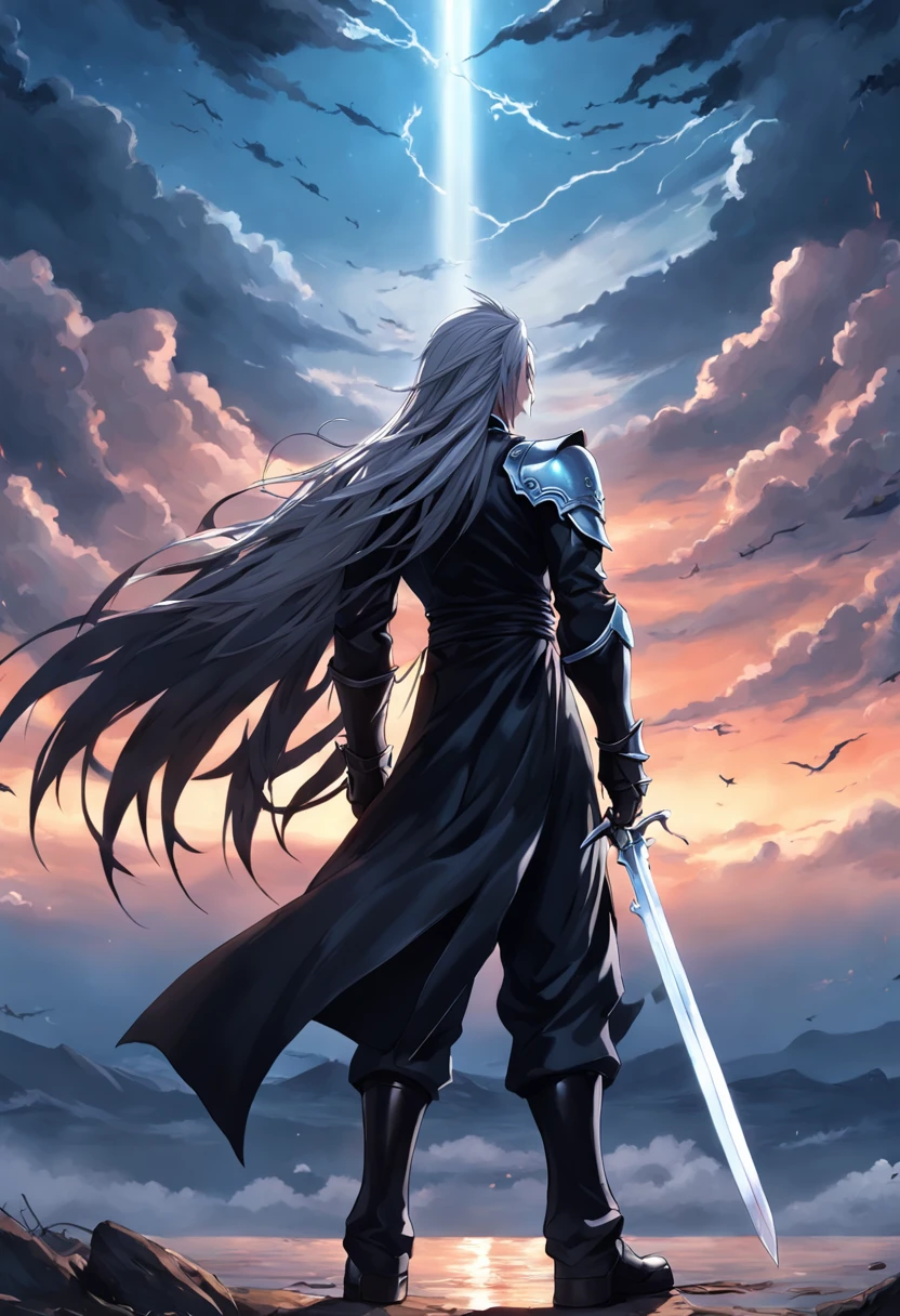 An incredibly detailed illustration of Sephiroth from Final Fantasy with his black outfit looking out over the horizon, corpo inteiro, incredible details, sombras perfeitas, Dynamic background, estilo de desenho hiper-realista.